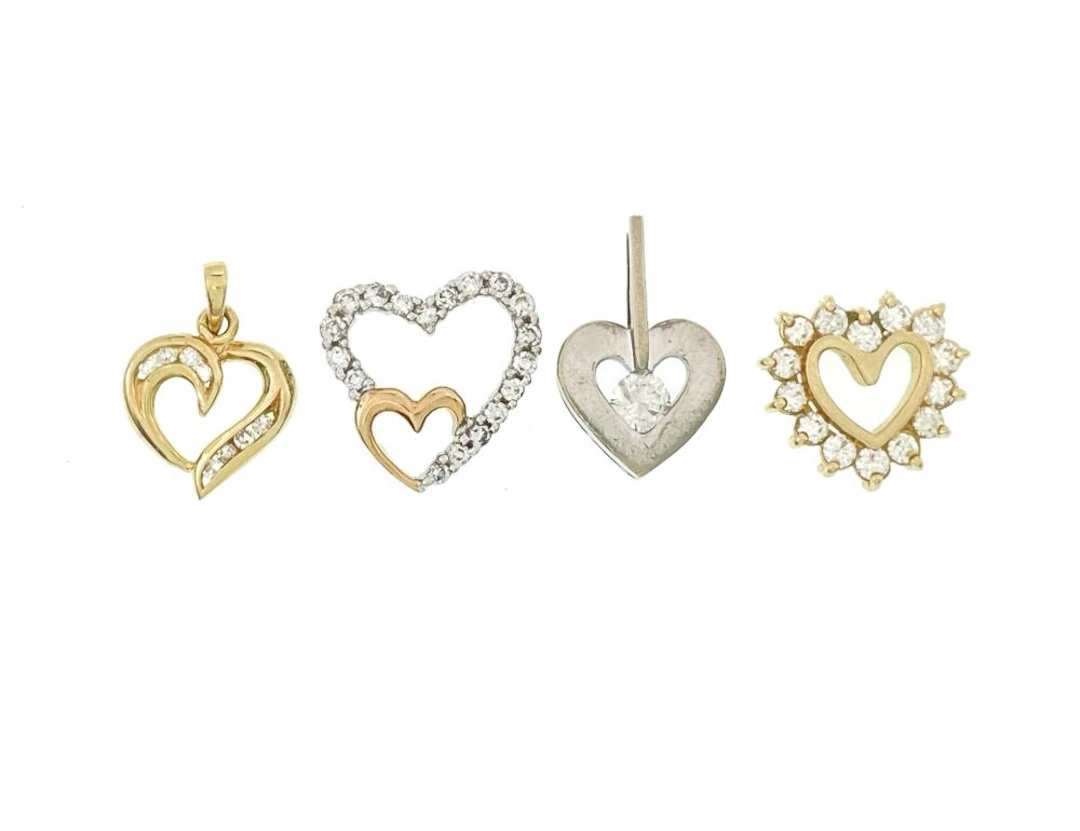 LOT OF 4 ASSORTED 14K YELLOW & WHITE GOLD DIAMOND HEART PENDANTS