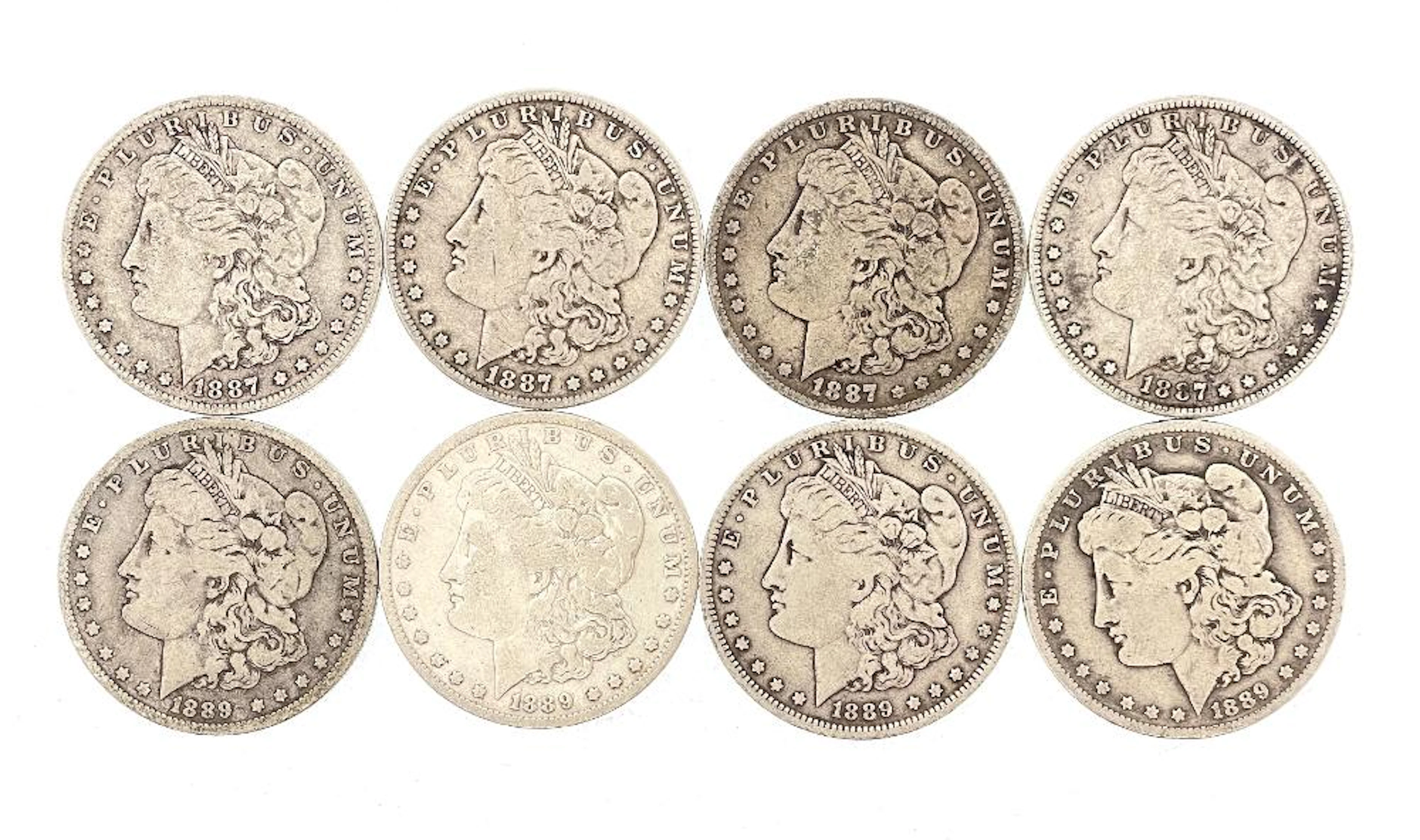 LOT OF 8 1887-O & 1889-O MORGAN SILVER DOLLARS