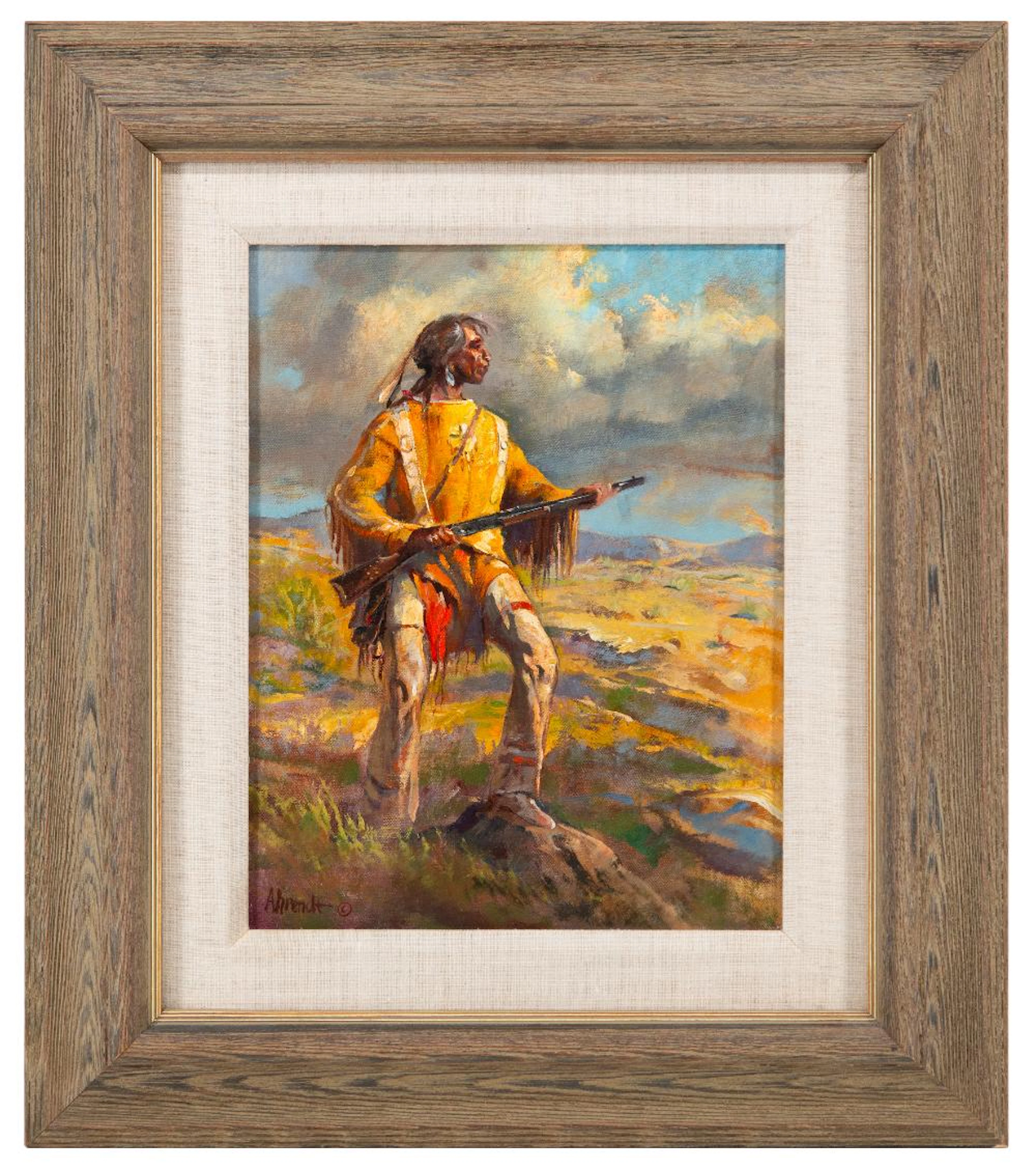 WILLIAM AHRENDT "INDIAN SCOUT" OIL ON BOARD