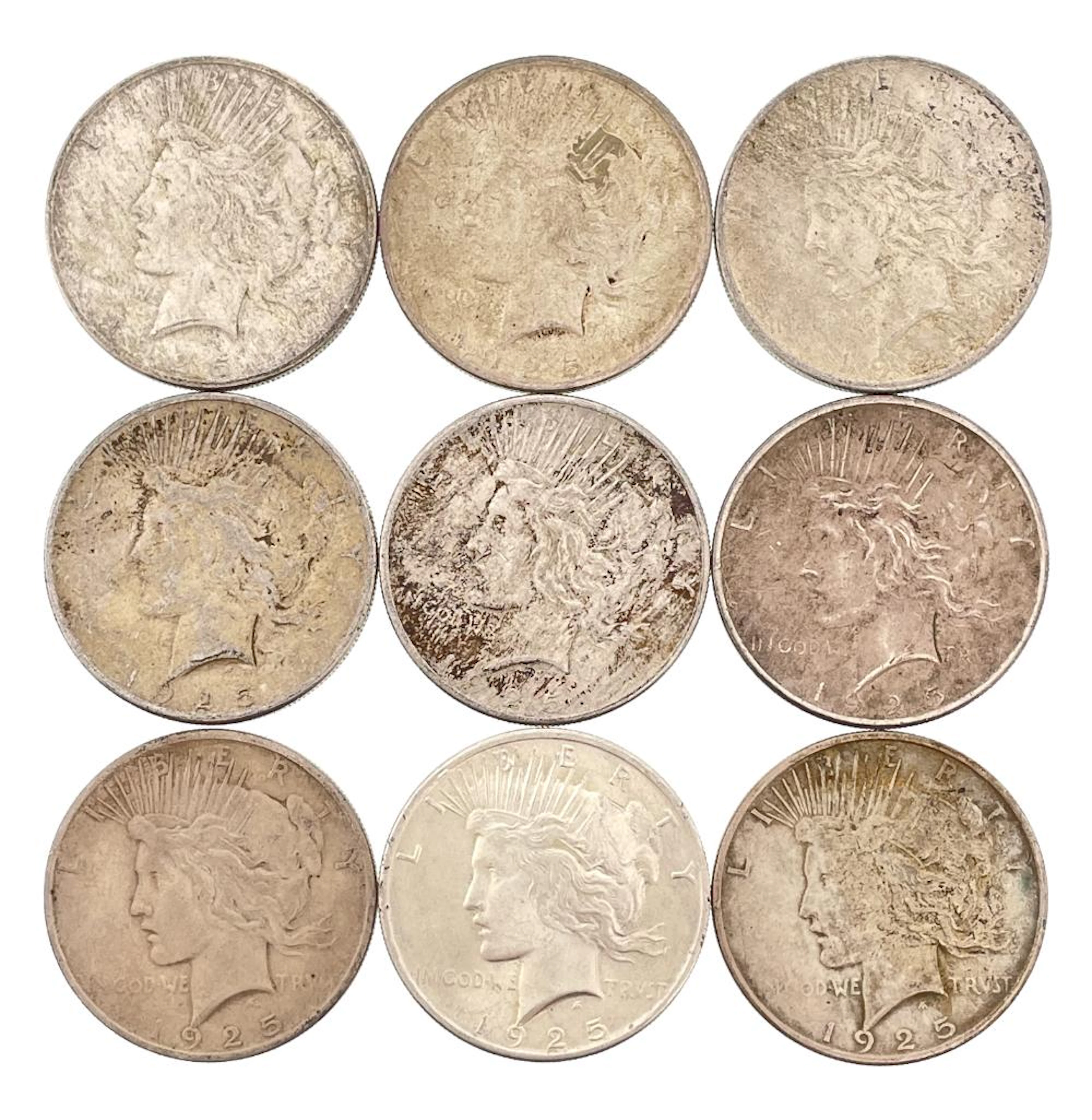 LOT OF 9 1925 SILVER PEACE DOLLARS
