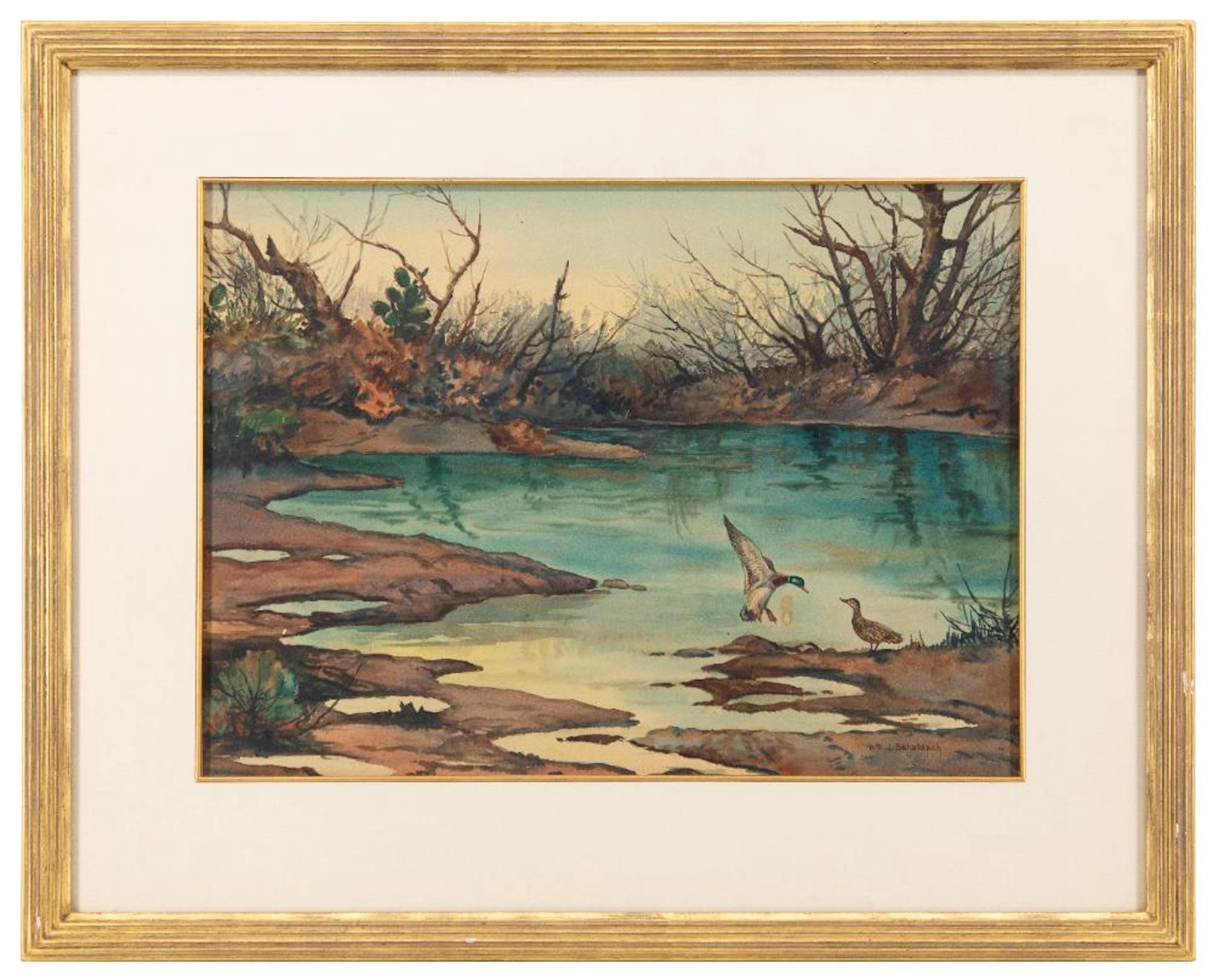 WILLIAM SCHALDACH "POND WITH DUCKS" WATERCOLOR ON PAPER