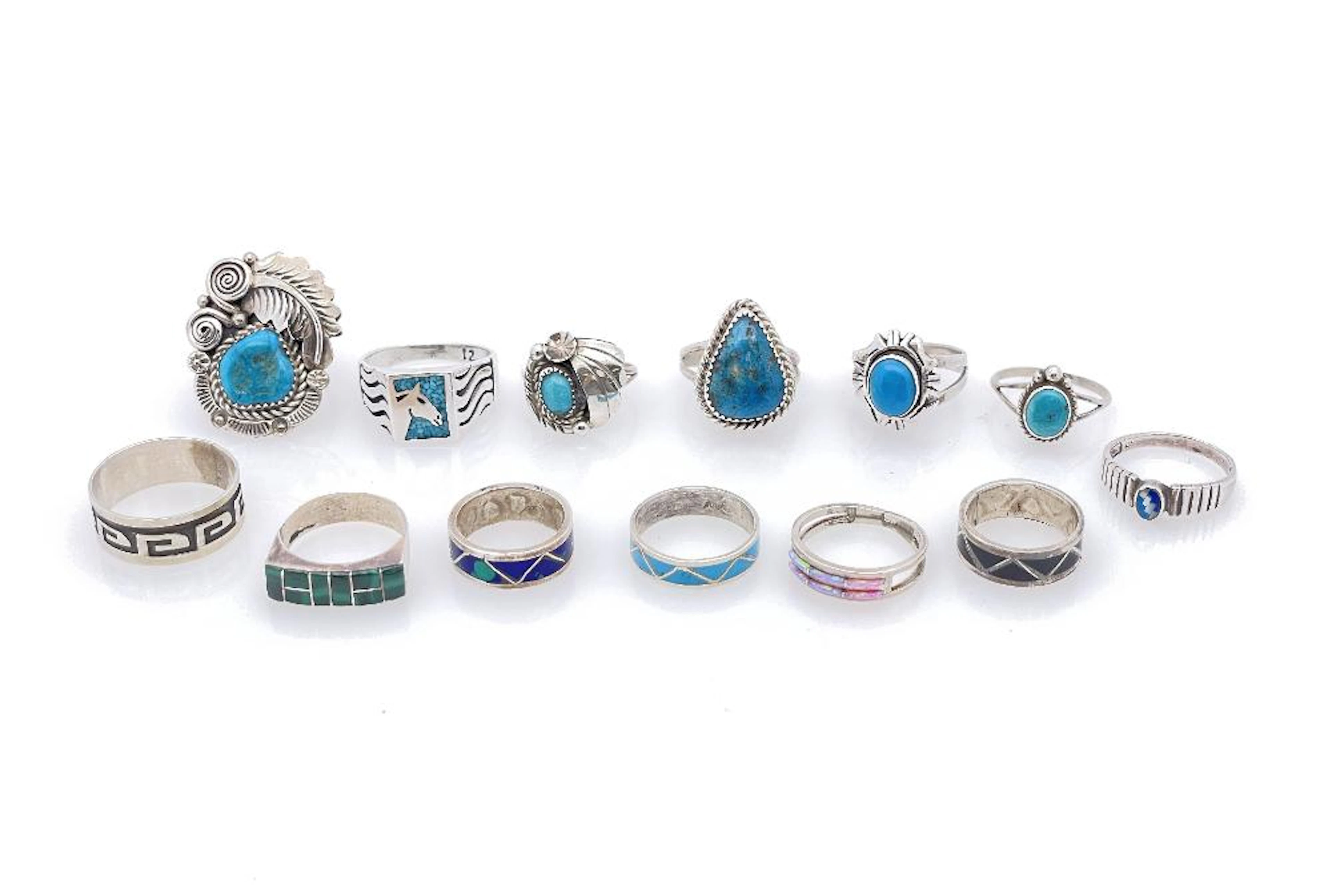 LOT OF 13 NATIVE AMERICAN & SOUTHWESTERN STERLING SILVER STONE RINGS