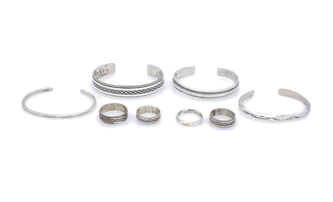 LOT OF 8 TAHE NAVAJO STERLING SILVER CUFF & RINGS