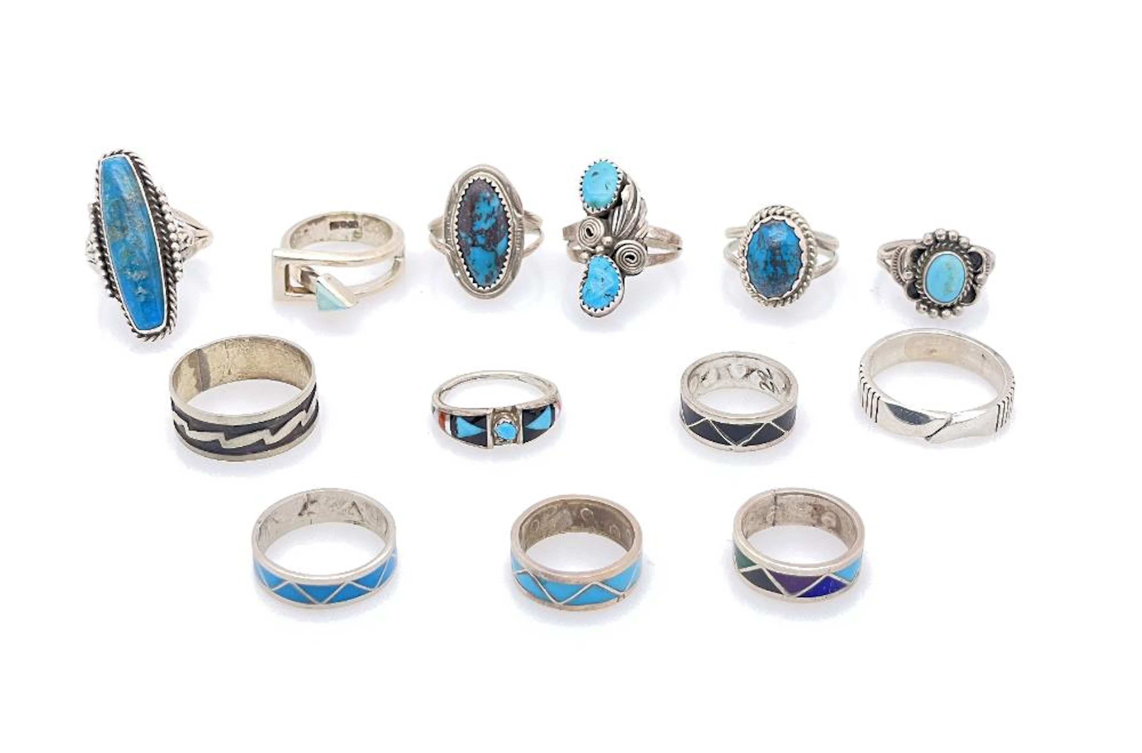 LOT OF 13 ASSORTED NATIVE AMERICAN & SOUTHWESTERN STERLING SILVER RINGS