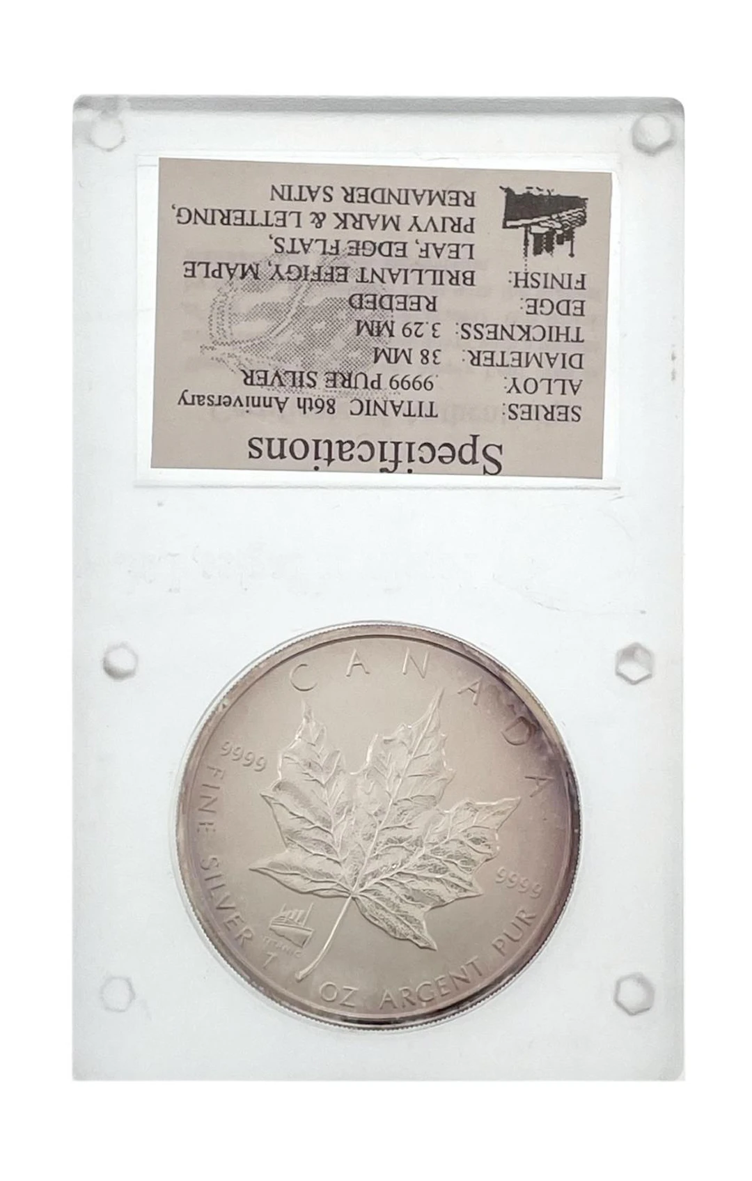 1998 CANADA 1OZ .9999 PURE SILVER $5 MAPLE LEAF TITANIC PRIVY