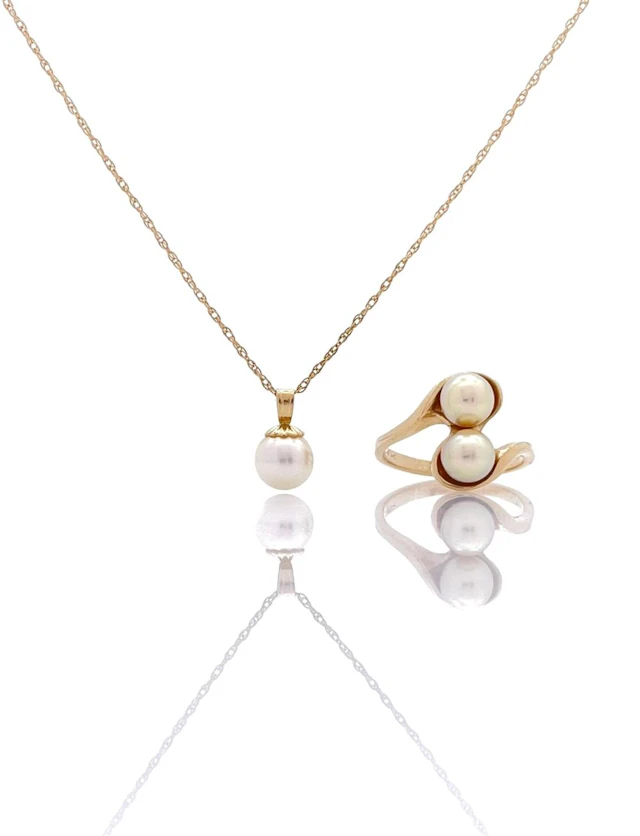 2PC 14K YELLOW GOLD PEARL RING & PENDANT NECKLACE