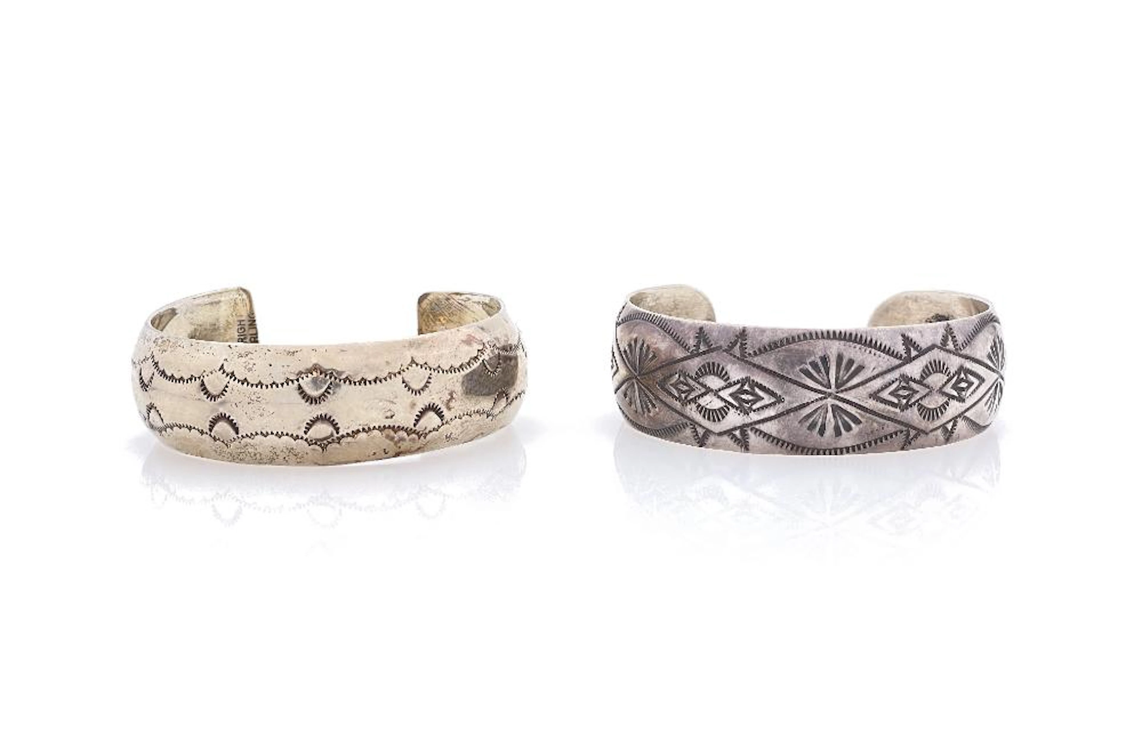 LOT OF 2 VINTAGE NATIVE AMERICAN STERLING SILVER STAMP WORK CUFFS