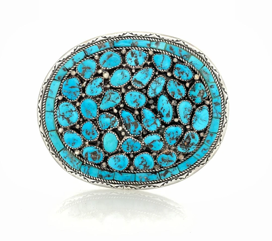 NATIVE AMERICAN STERLING SILVER TURQUOISE CLUSTER BELT BUCKLE