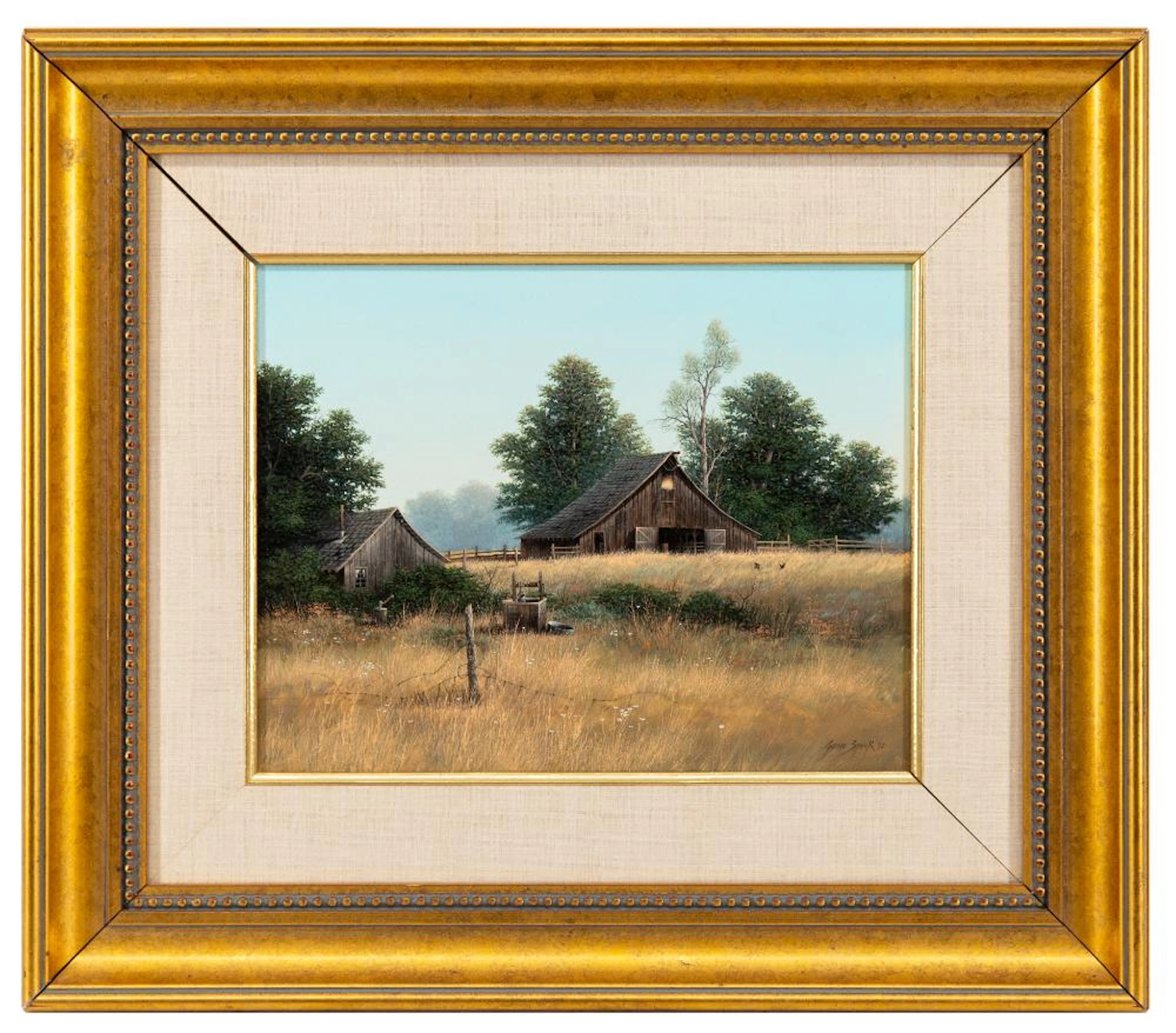 GENE SPECK "BARN ON THE HILL 1992" OIL ON BOARD