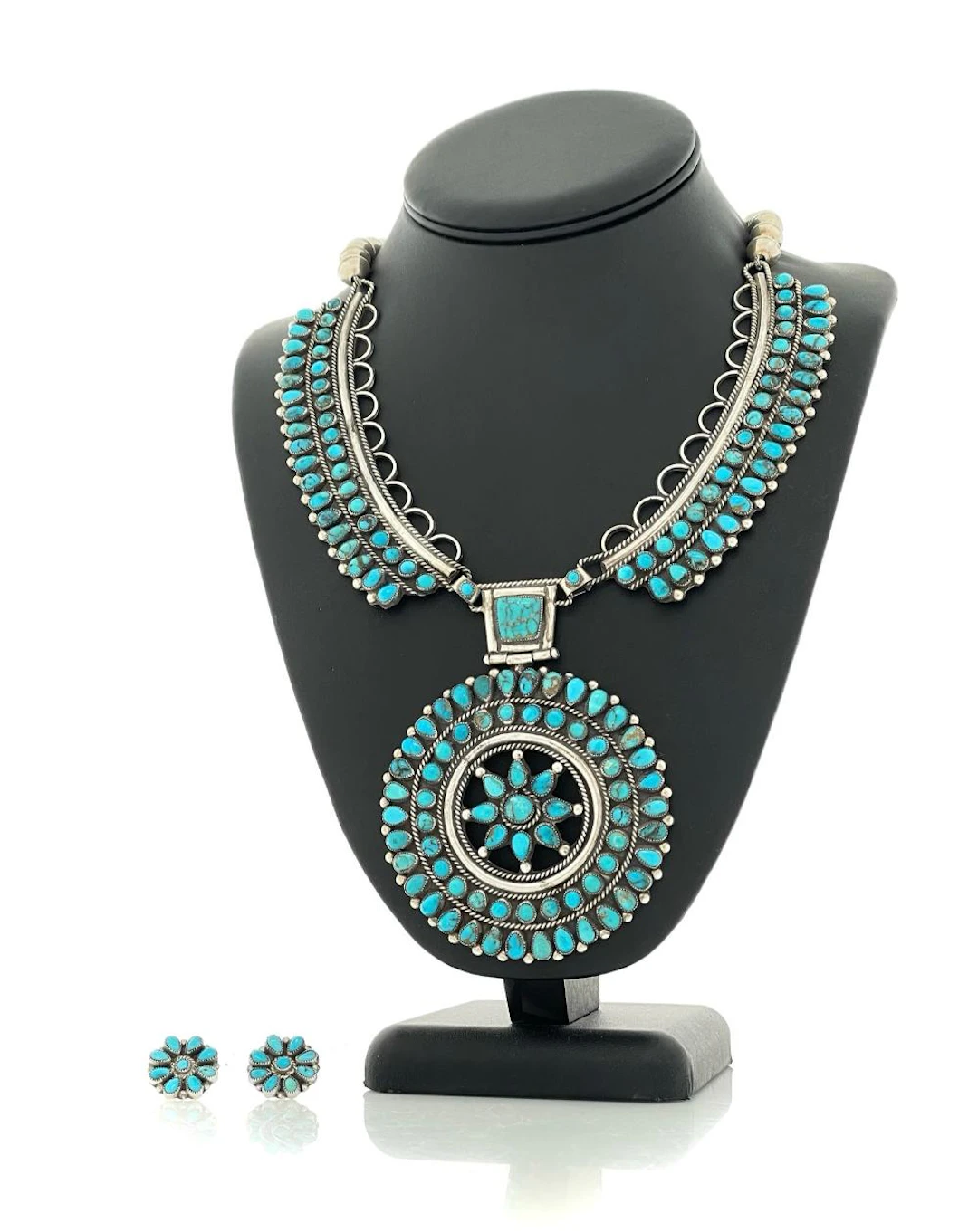 3PC J M BEGAY NAVAJO STERLING SILVER TURQUOISE NECKLACE & EARRINGS SET
