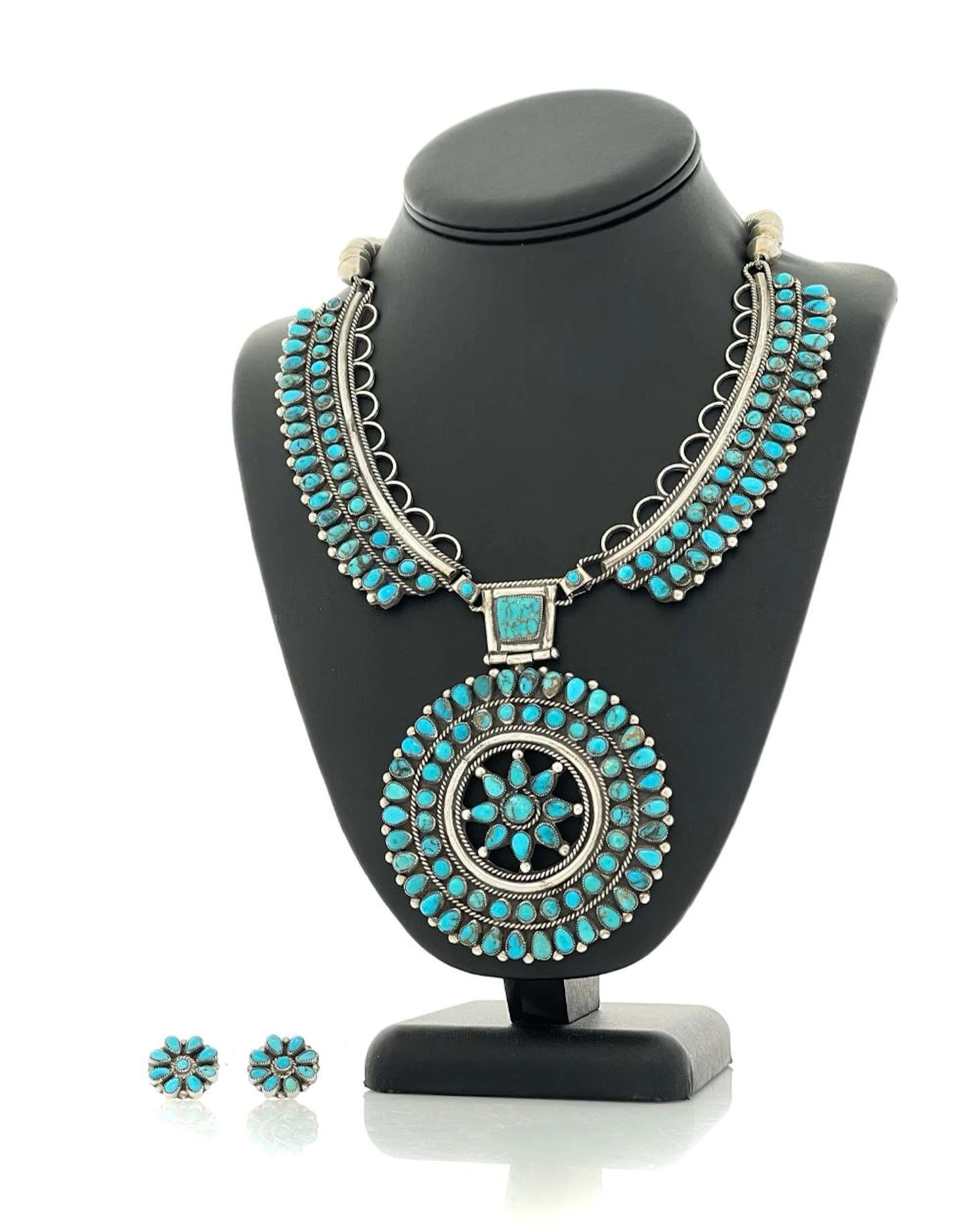 3PC J M BEGAY NAVAJO STERLING SILVER TURQUOISE NECKLACE & EARRINGS SET