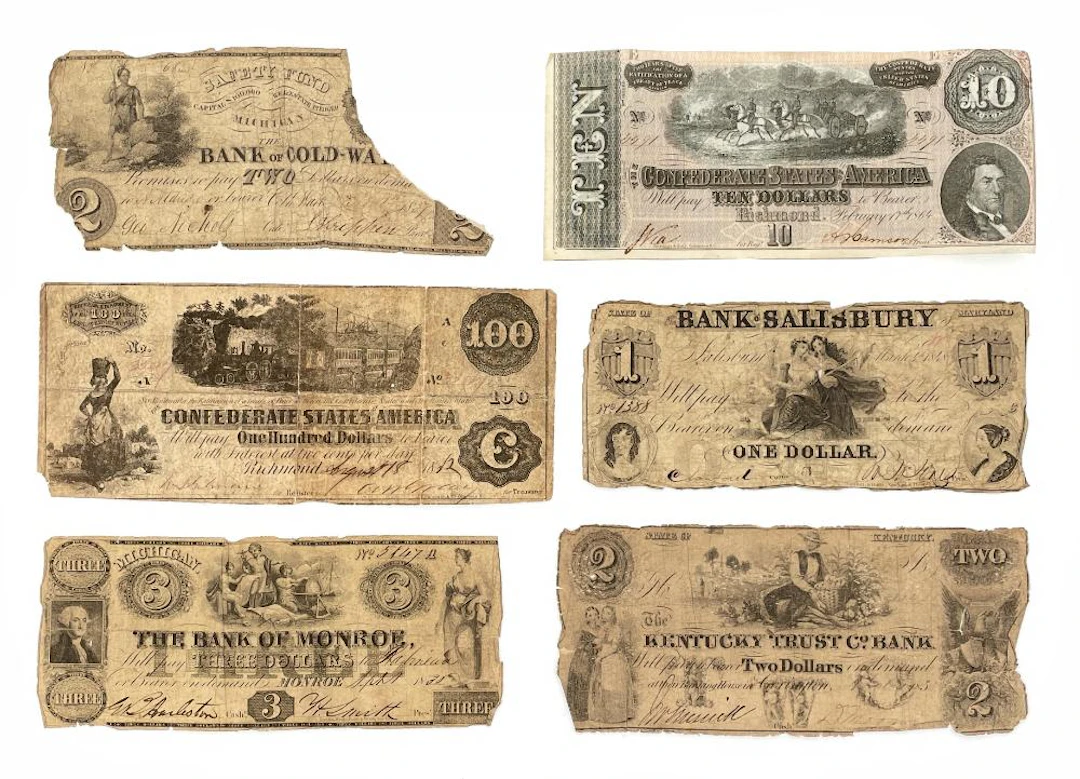 LOT OF 6 ASSORTED EARLY U.S. OBSOLETE BANKNOTES & CONFEDERATE CURRENCY