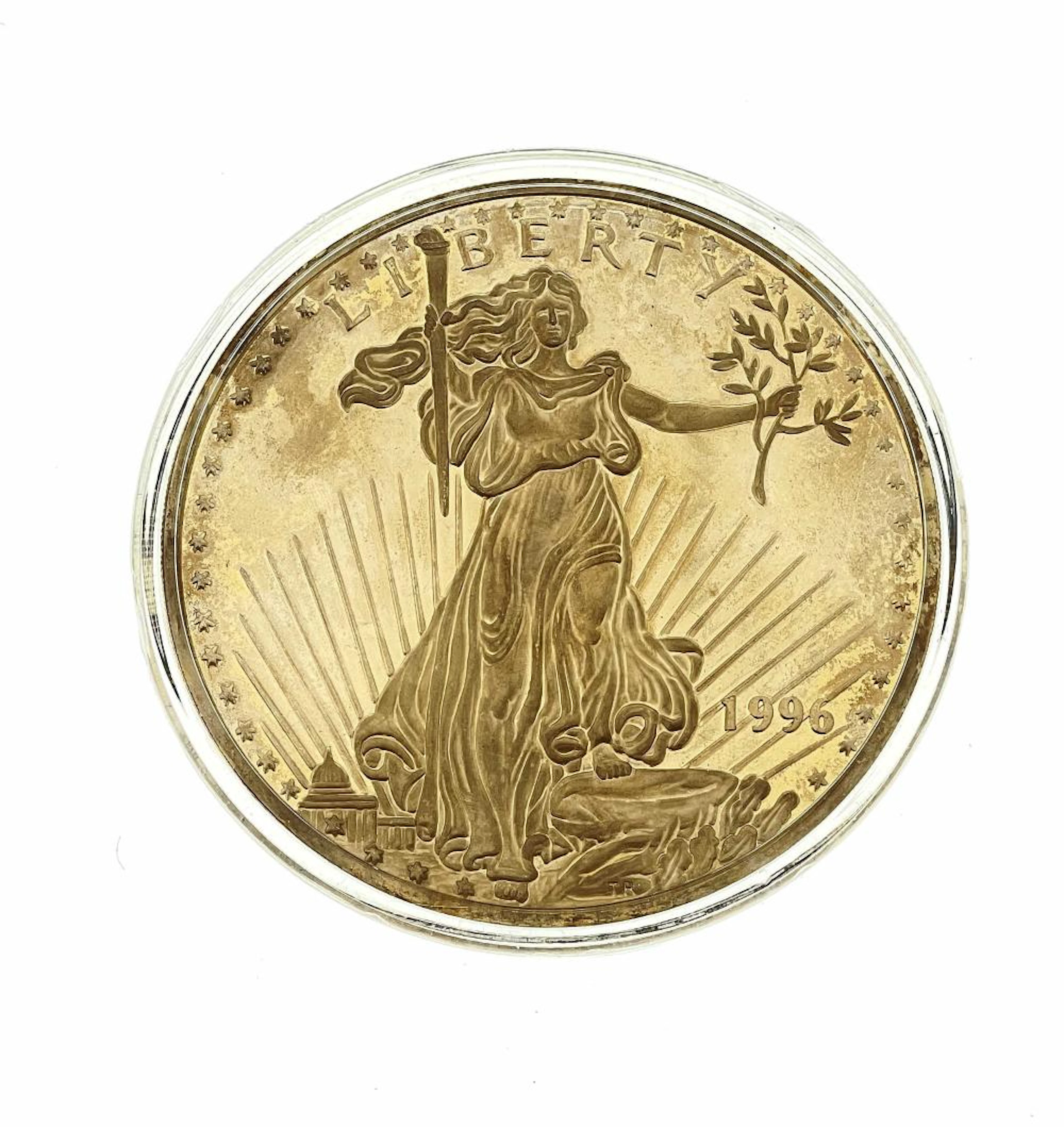 1996 8 TROY OZ .999 FINE SILVER 24K GOLD PLATED ST. GAUDENS PROOF REPLICA ROUND