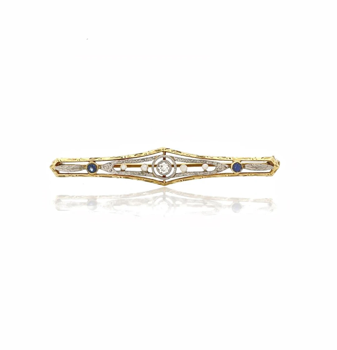ART DECO 14K TWO-TONE GOLD .13CTTW DIAMOND, SAPPHIRE & SEED PEARL BROOCH