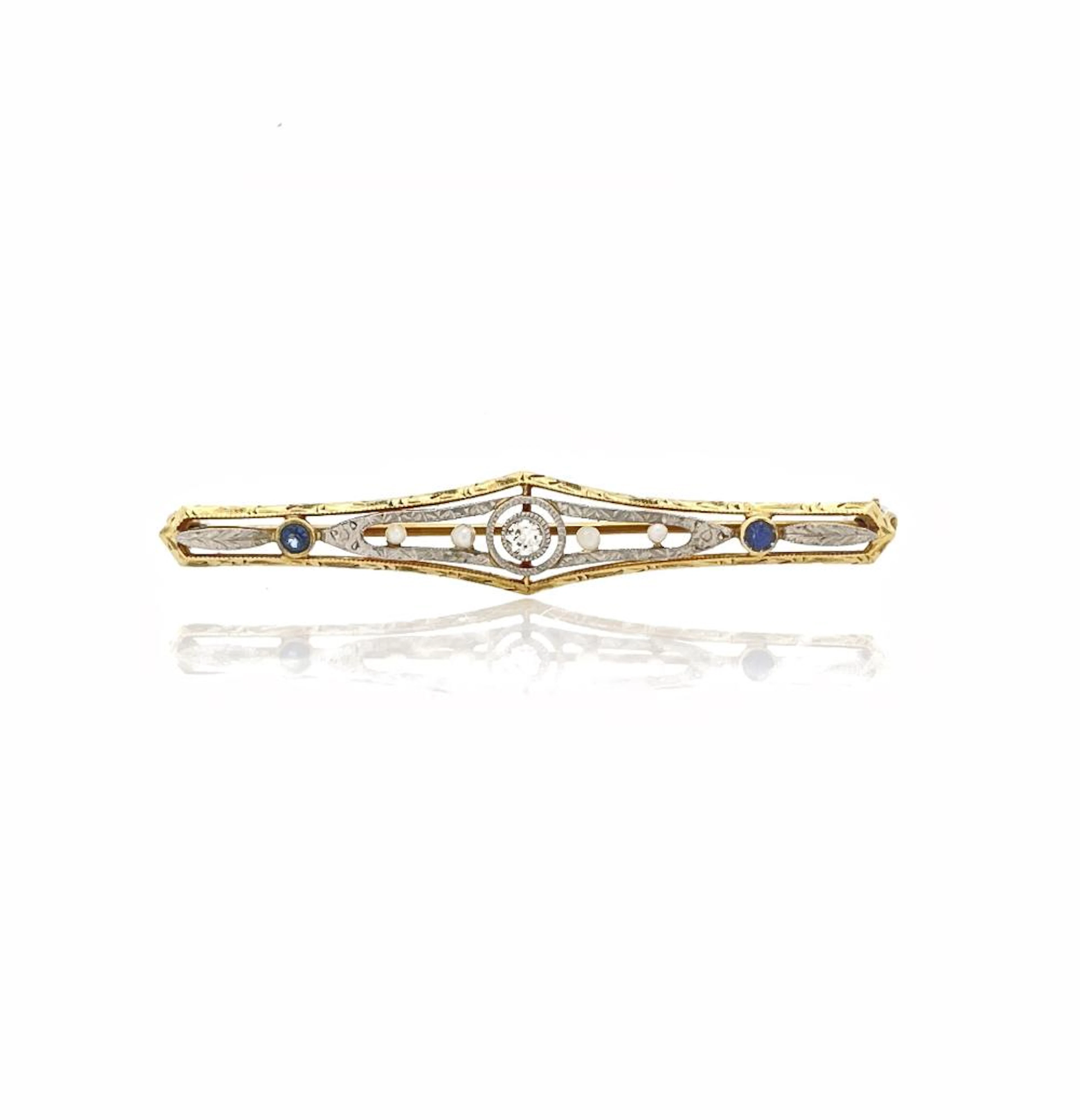 ART DECO 14K TWO-TONE GOLD .13CTTW DIAMOND, SAPPHIRE & SEED PEARL BROOCH