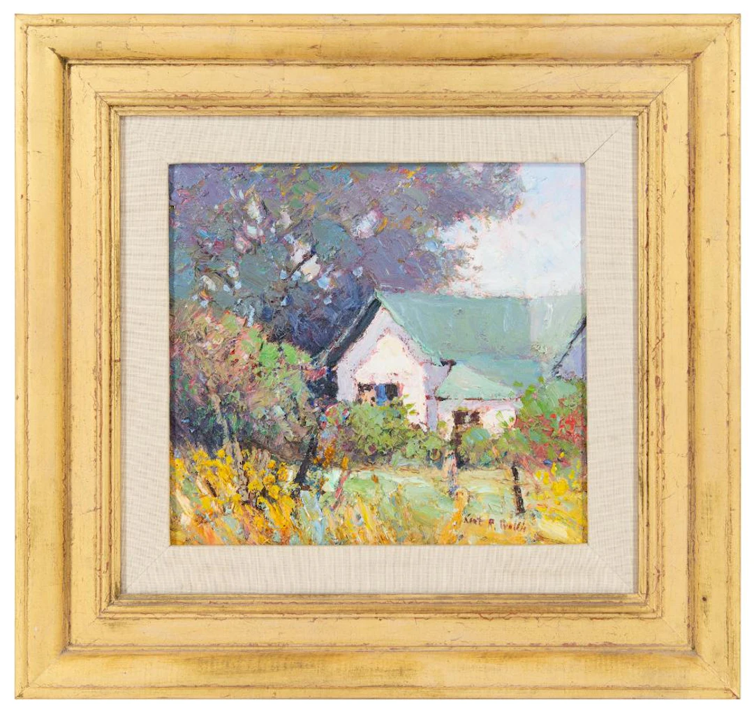 KENT WALLIS "COTTAGE IN CLEARFIELD" OIL ON BOARD