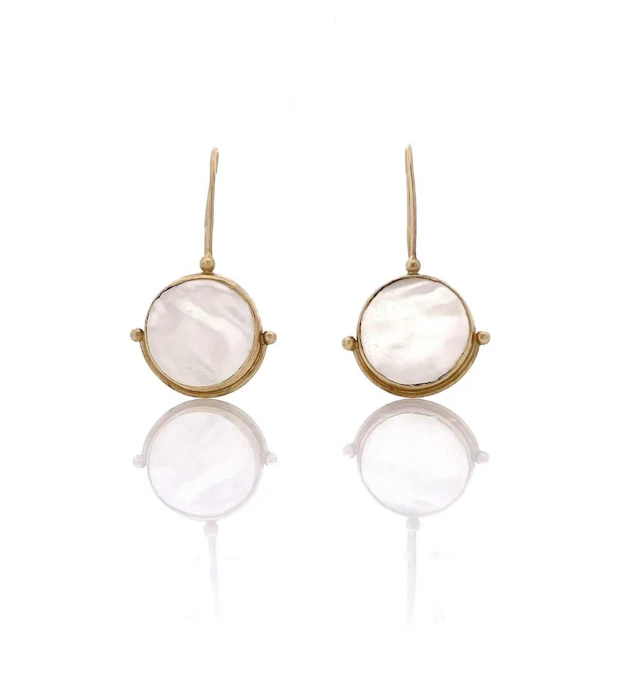 14K YELLOW GOLD MOTHER OF PEARL DISK EARRINGS