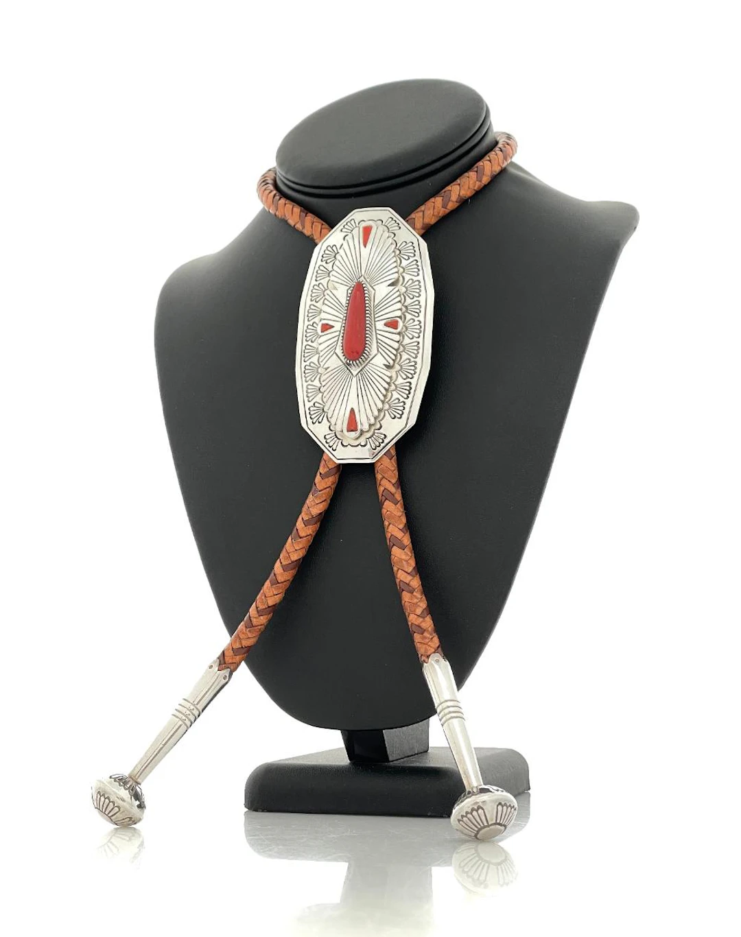 JAY LIVINGSTON NAVAJO STERLING SILVER CORAL BOLO TIE