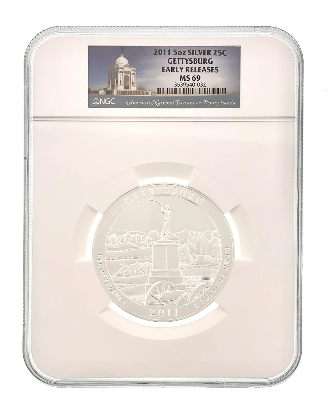 2011 GETTYSBURG 5 OZ .999 SILVER AMERICA THE BEAUTIFUL QUARTER NGC