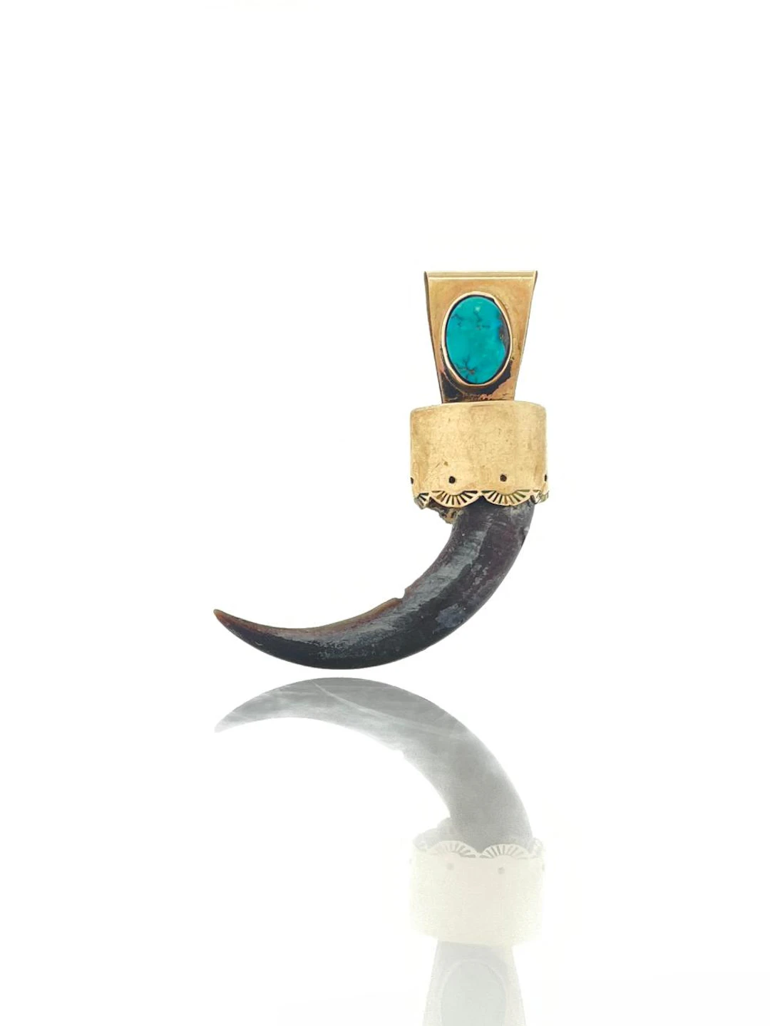 NATIVE AMERICAN 14K YELLOW GOLD BEAR CLAW & TURQUOISE PENDANT