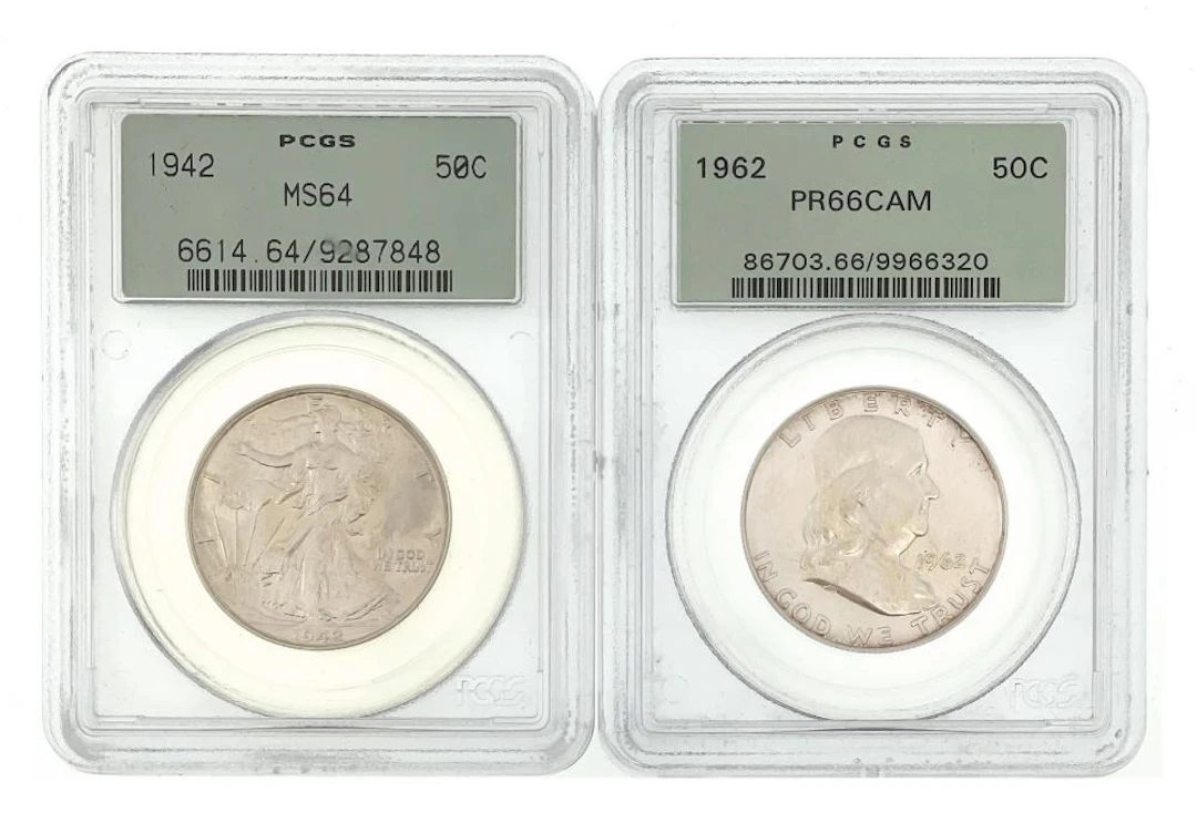 LOT OF 2 PCGS GRADED 1942 & 1962 FRANKLIN SILVER HALF DOLLARS