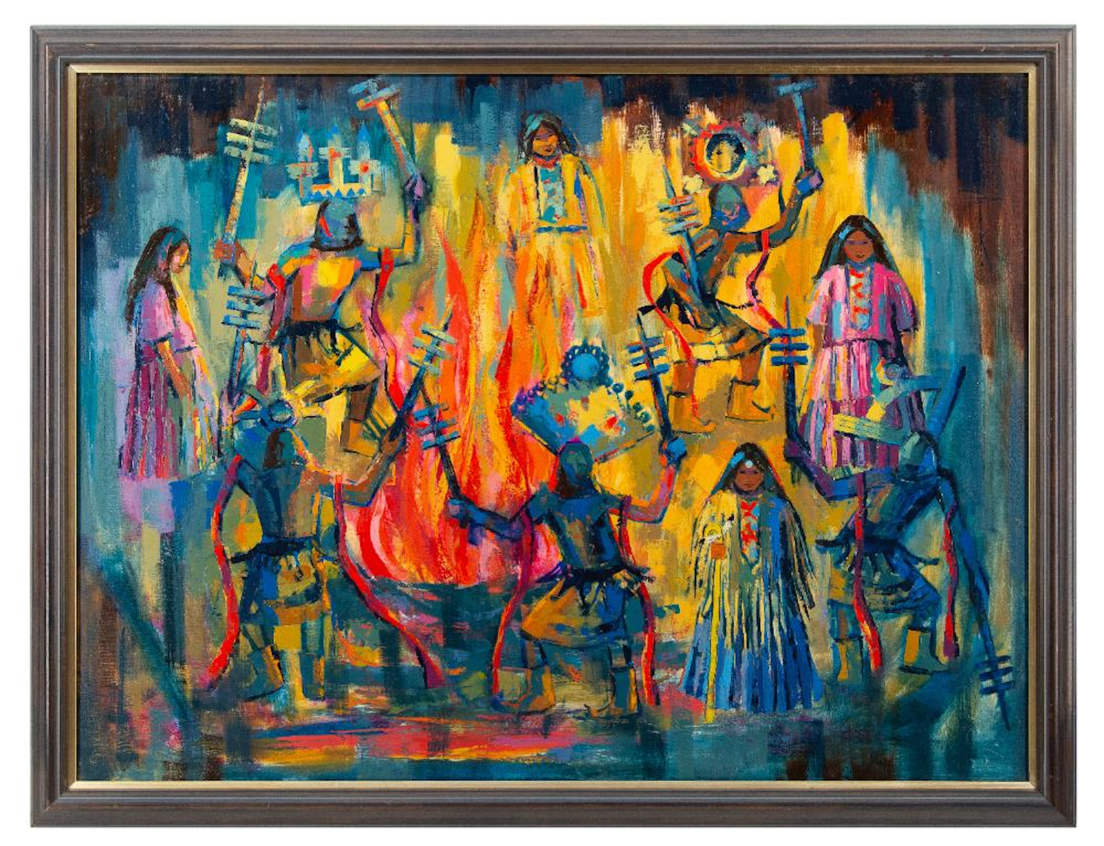 POKO PETEK "APACHE CROWN DANCERS BY FIRELIGHT" OIL ON CANVAS