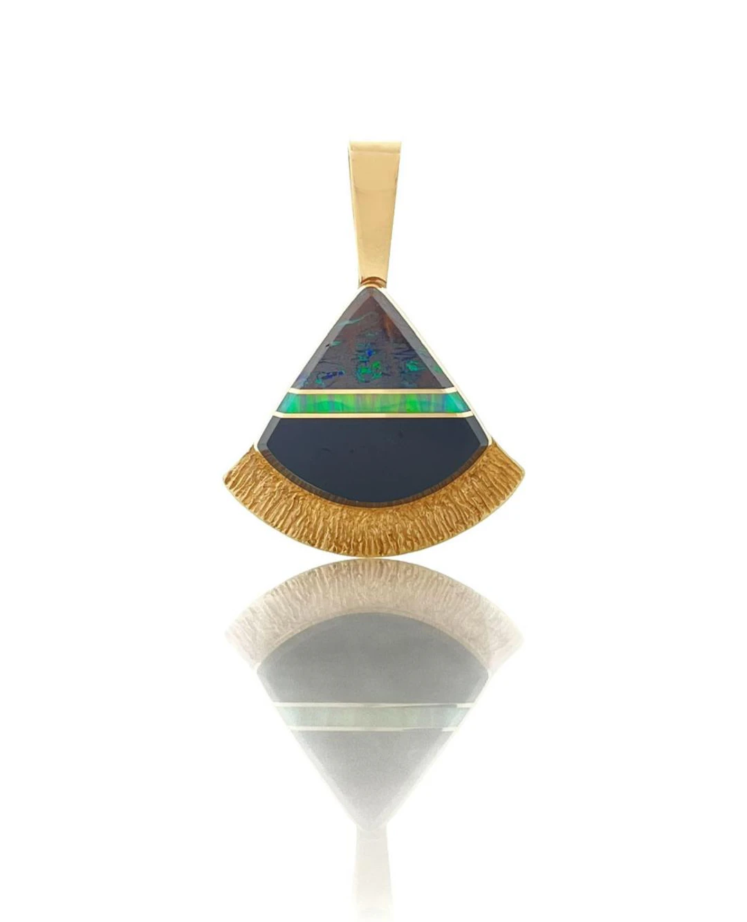 DUANE MAKTIMA LAGUNA-HOPI 14K YELLOW GOLD INLAID BOULDER OPAL & ONYX PENDANT