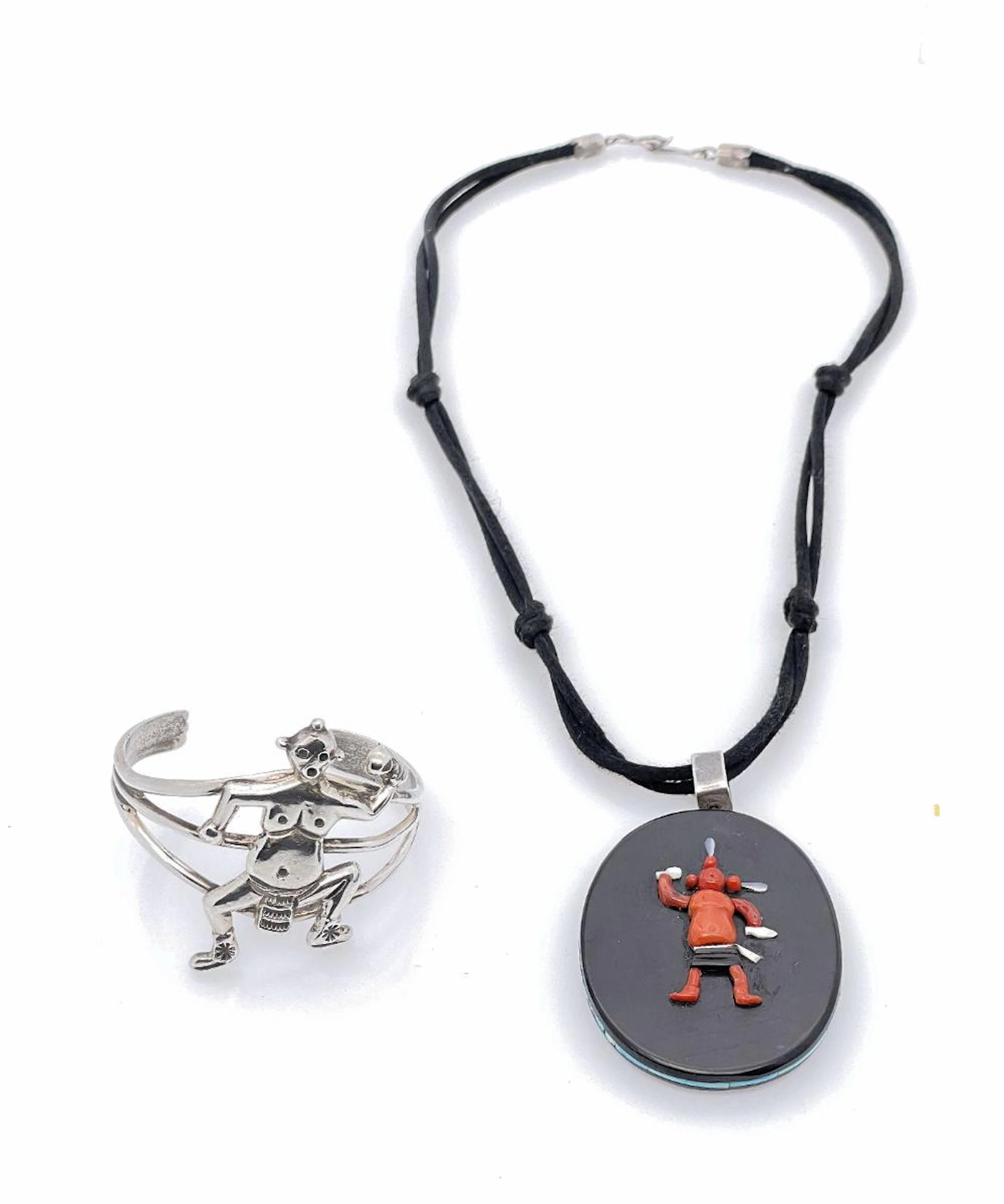 2PC NAVAJO STERLING SILVER STONE PENDANT NECKLACE & CUFF