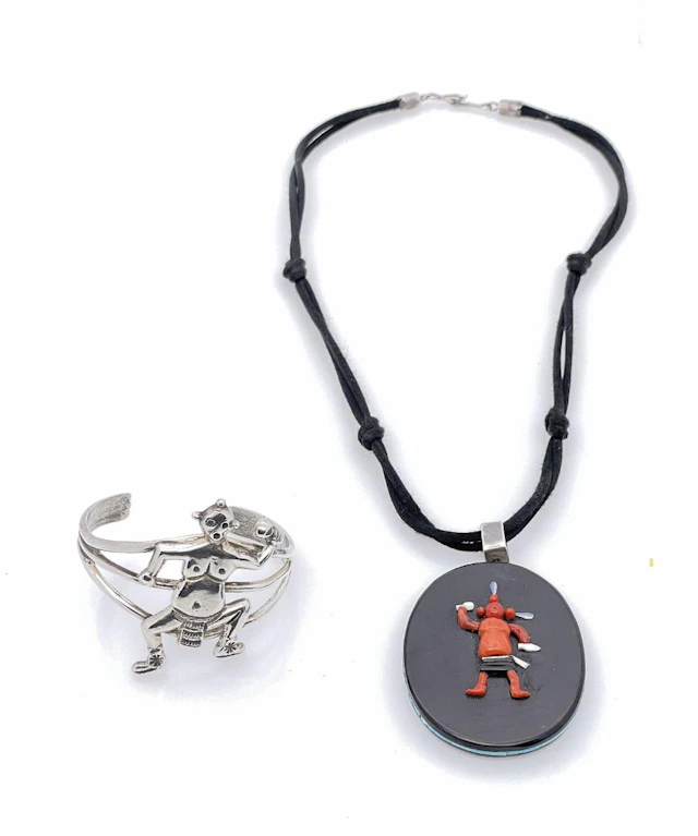 2PC NAVAJO STERLING SILVER STONE PENDANT NECKLACE & CUFF