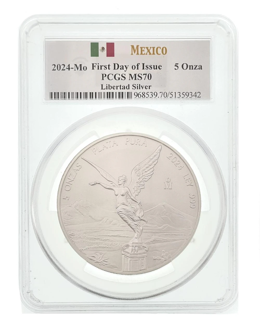 2024-MO MEXICO LIBERTAD .999 FINE SILVER 5 OZ FIRST DAY OF ISSUE PCGS MS70