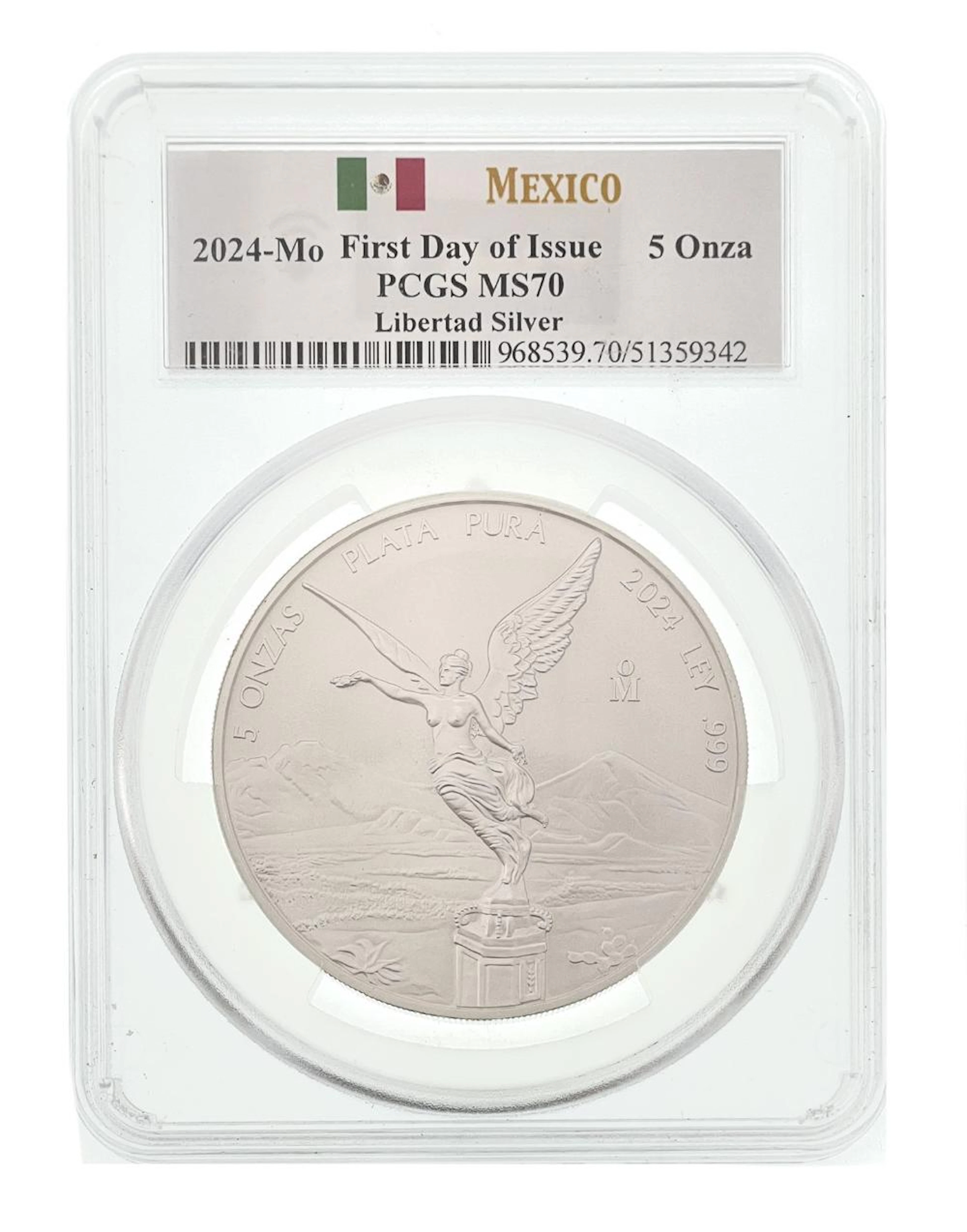 2024-MO MEXICO LIBERTAD .999 FINE SILVER 5 OZ FIRST DAY OF ISSUE PCGS MS70