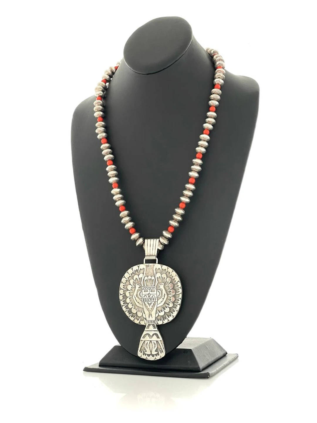 RICHARD SINGER NAVAJO STERLING SILVER CORAL PENDANT NECKLACE