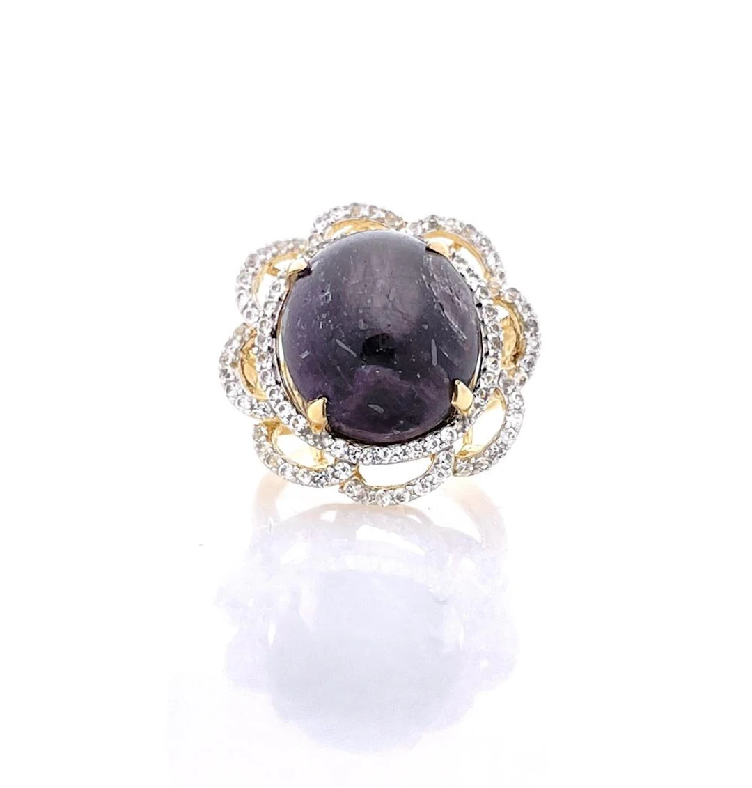 ORIANNE GOLD OVERLAY STERLING SILVER 28.46CTTW STAR RUBY & SAPPHIRE RING