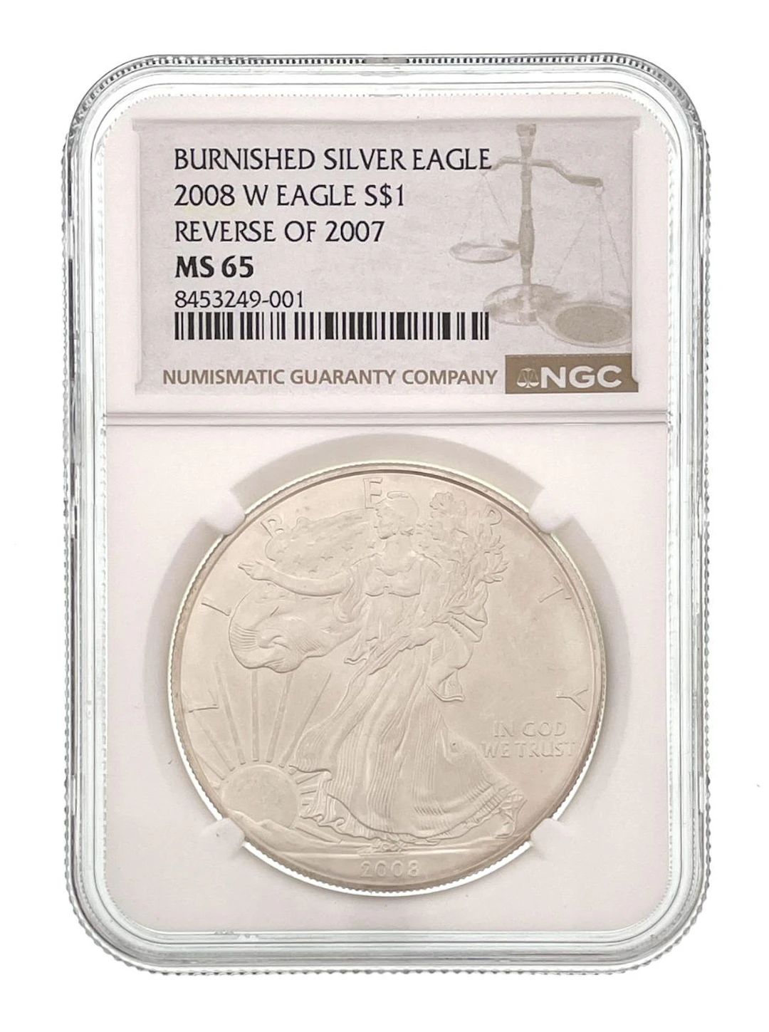 2008-W BURNISHED AMERICAN SILVER EAGLE REVERSE OF 2007 NGC MS65