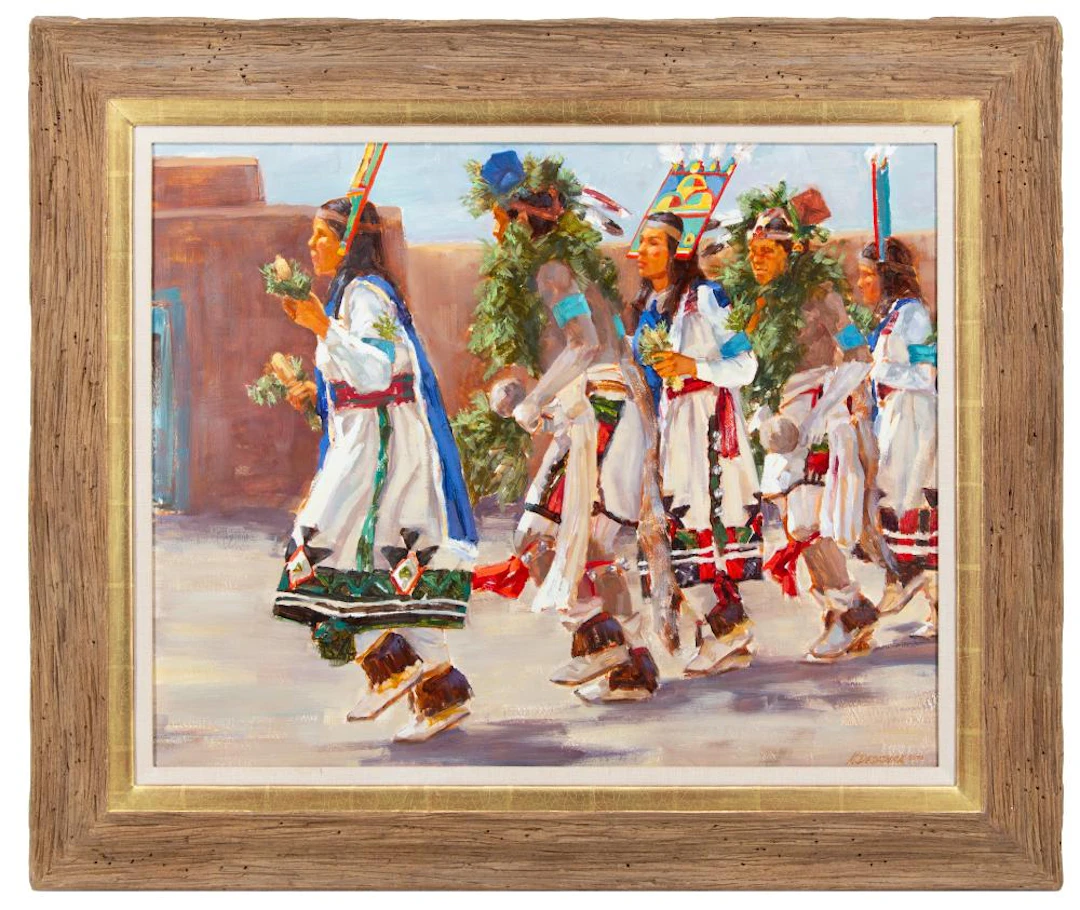 MIKE DESATNICK "GREEN CORN DANCE" OIL ON BOARD