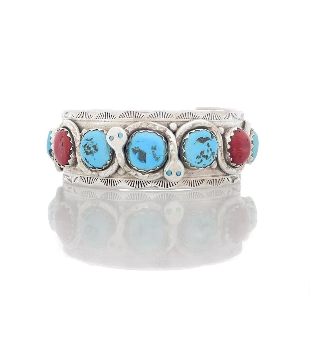 EFFIE CALAVAZA ZUNI STERLING SILVER TURQUOISE & CORAL SNAKE CUFF