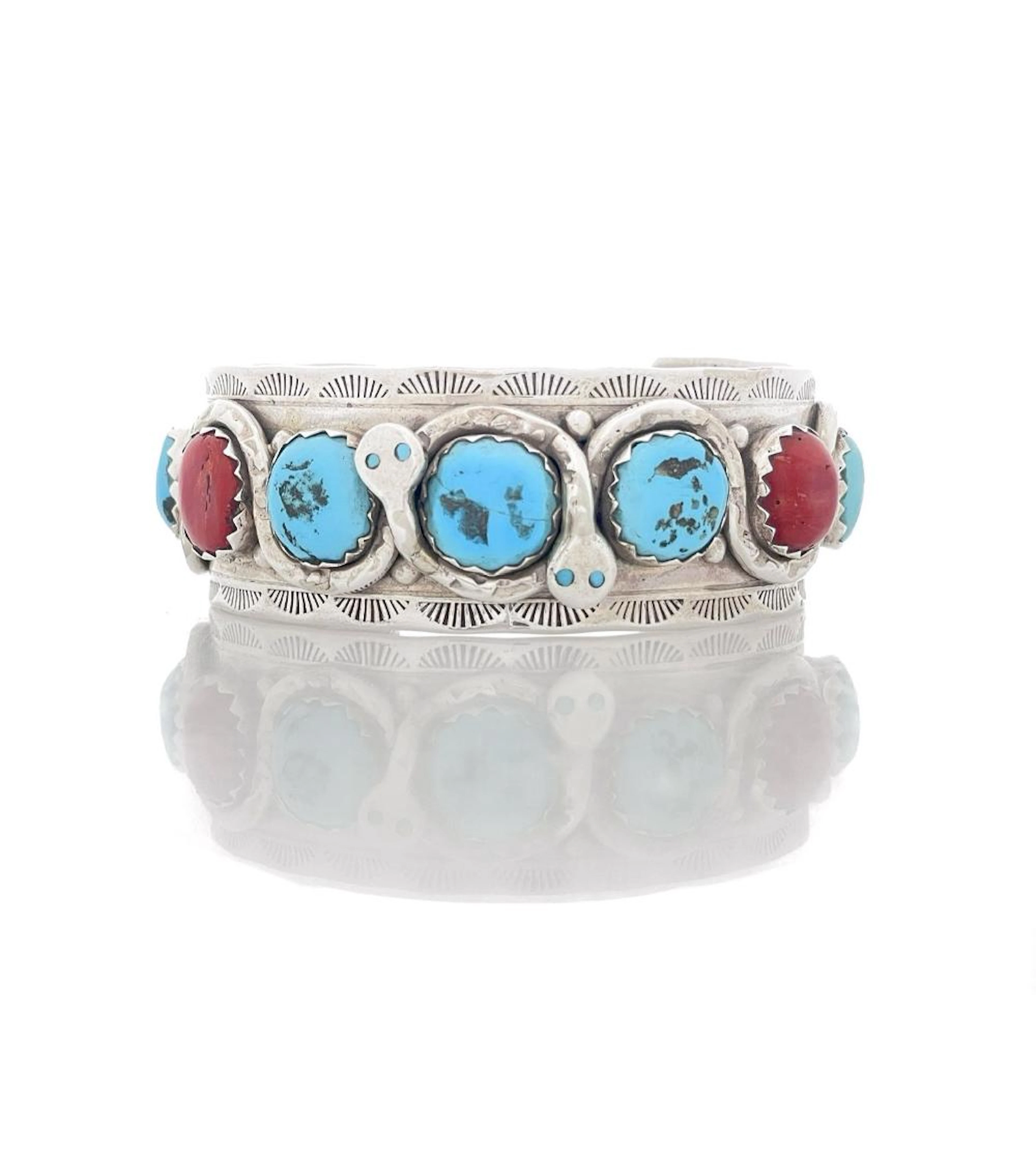 EFFIE CALAVAZA ZUNI STERLING SILVER TURQUOISE & CORAL SNAKE CUFF