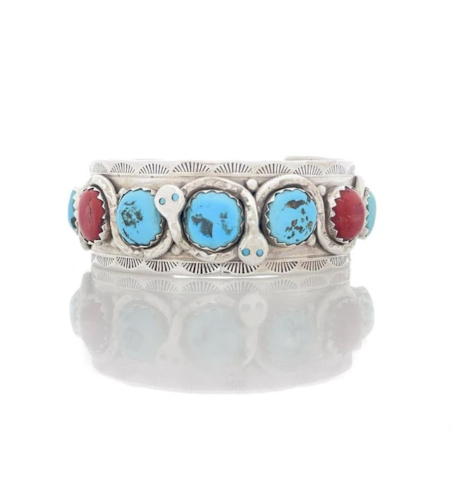 EFFIE CALAVAZA ZUNI STERLING SILVER TURQUOISE & CORAL SNAKE CUFF