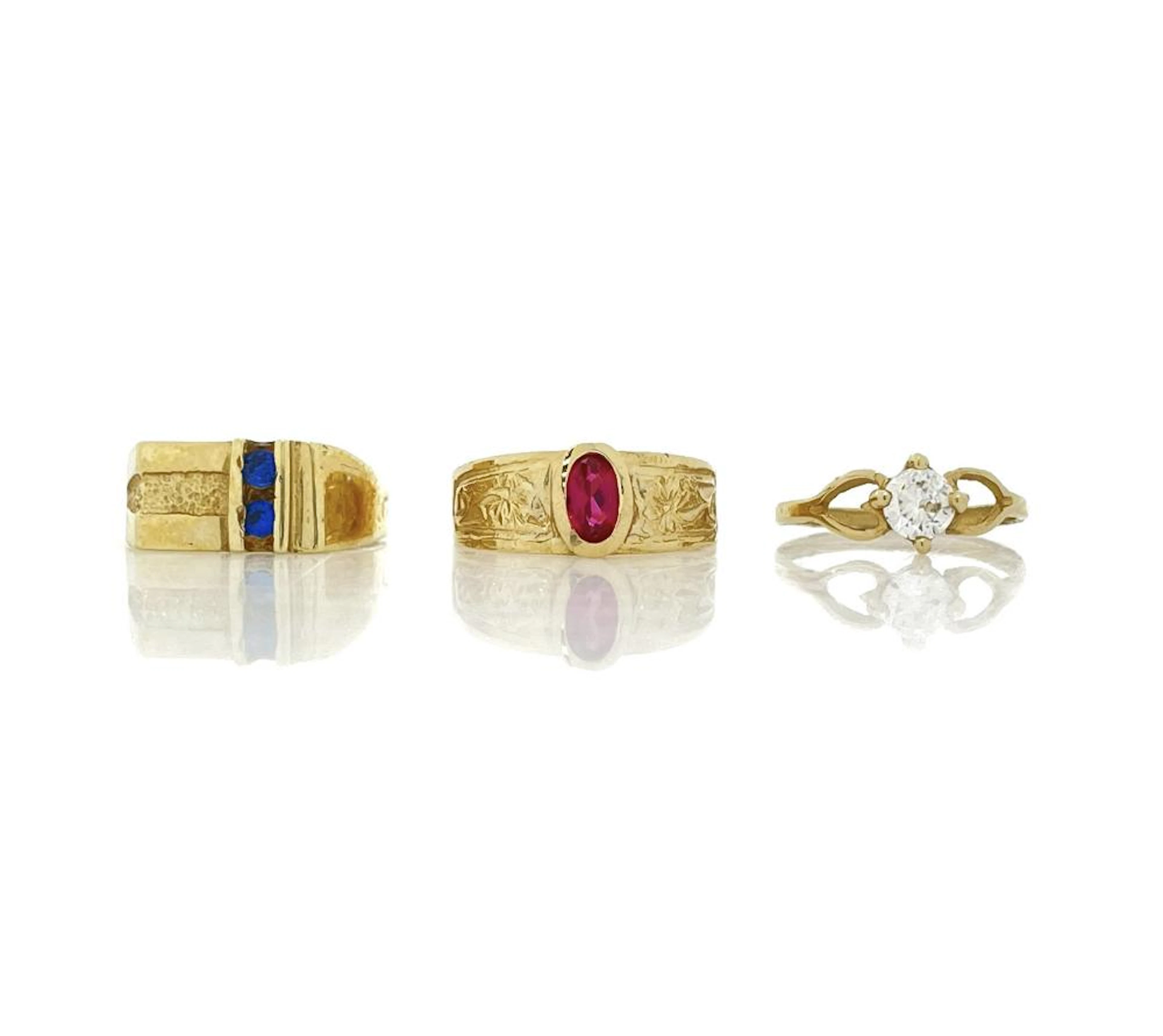 LOT OF 3 14K YELLOW GOLD .60CTTW RUBY, SAPPHIRE & CZ RINGS