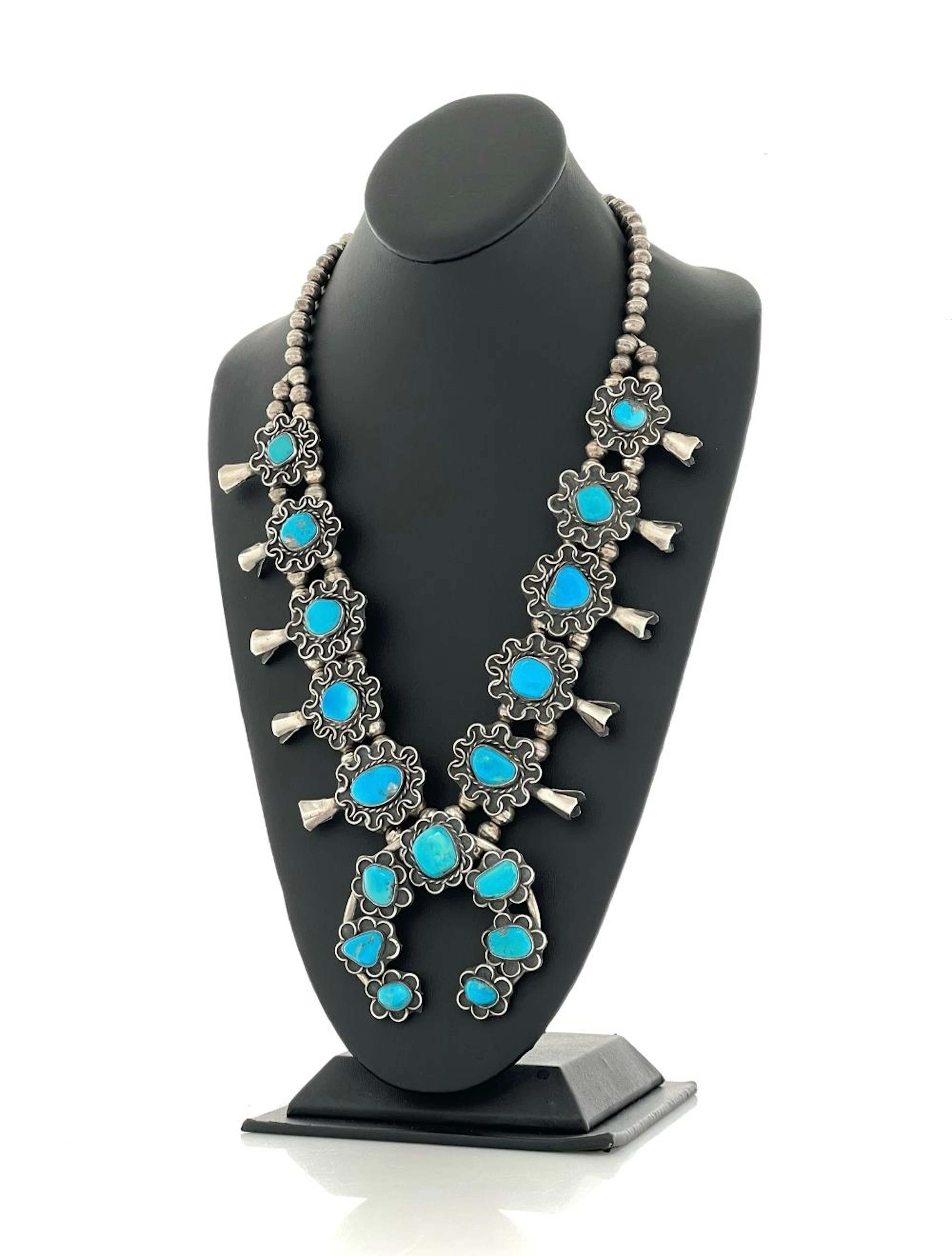 NAVAJO STERLING SILVER TURQUOISE SQUASH BLOSSOM NECKLACE