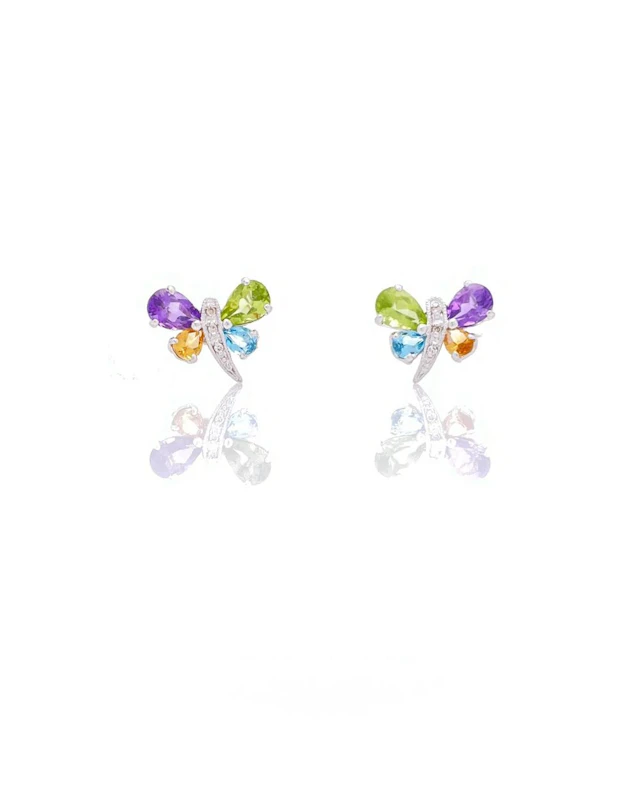 14K WHITE GOLD 1.64CTTW DIAMOND & MULTI COLORED GEMSTONE BUTTERFLY EARRINGS