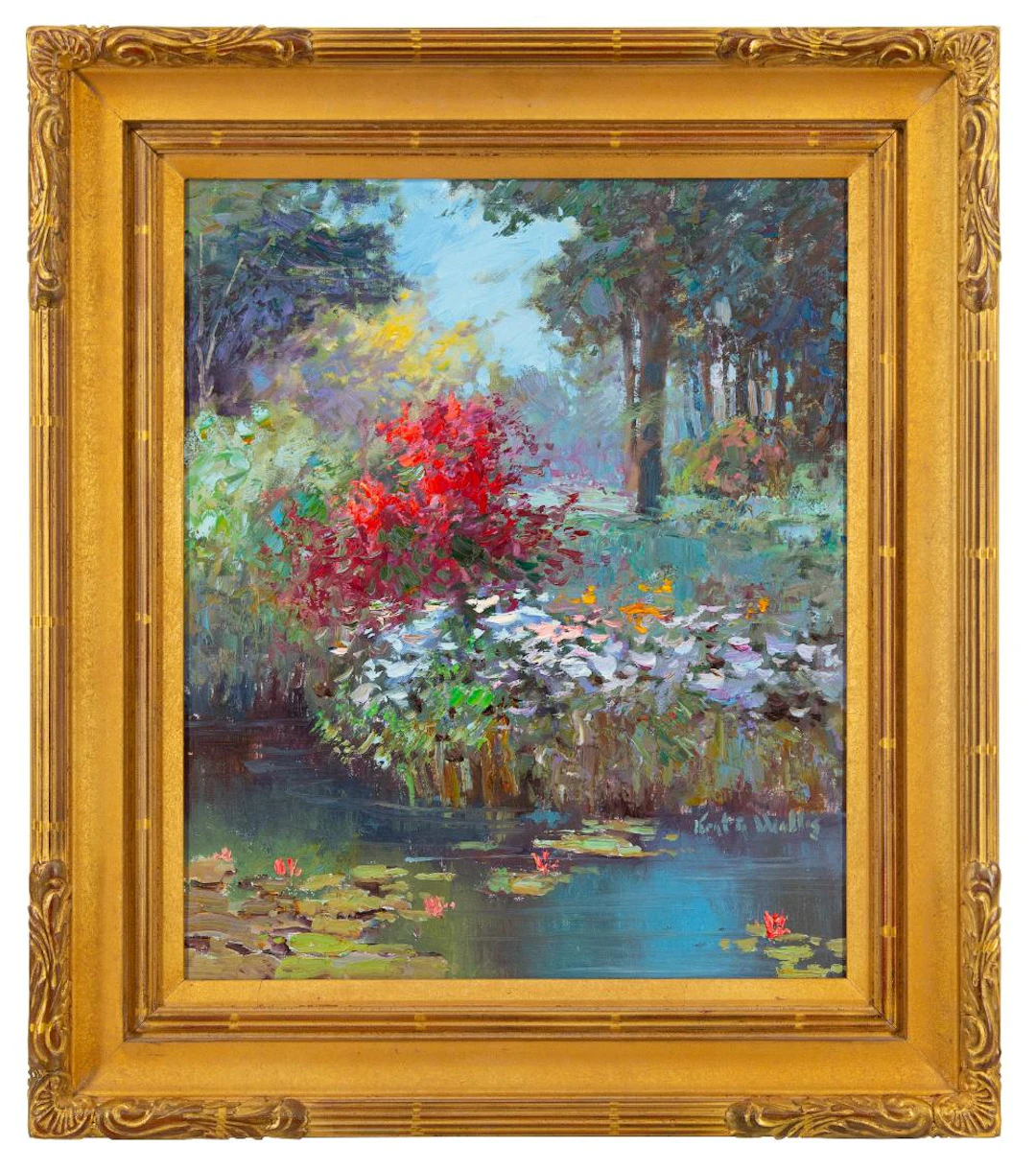 KENT WALLIS "A SMALL POND ADORNED" OIL ON CANVAS