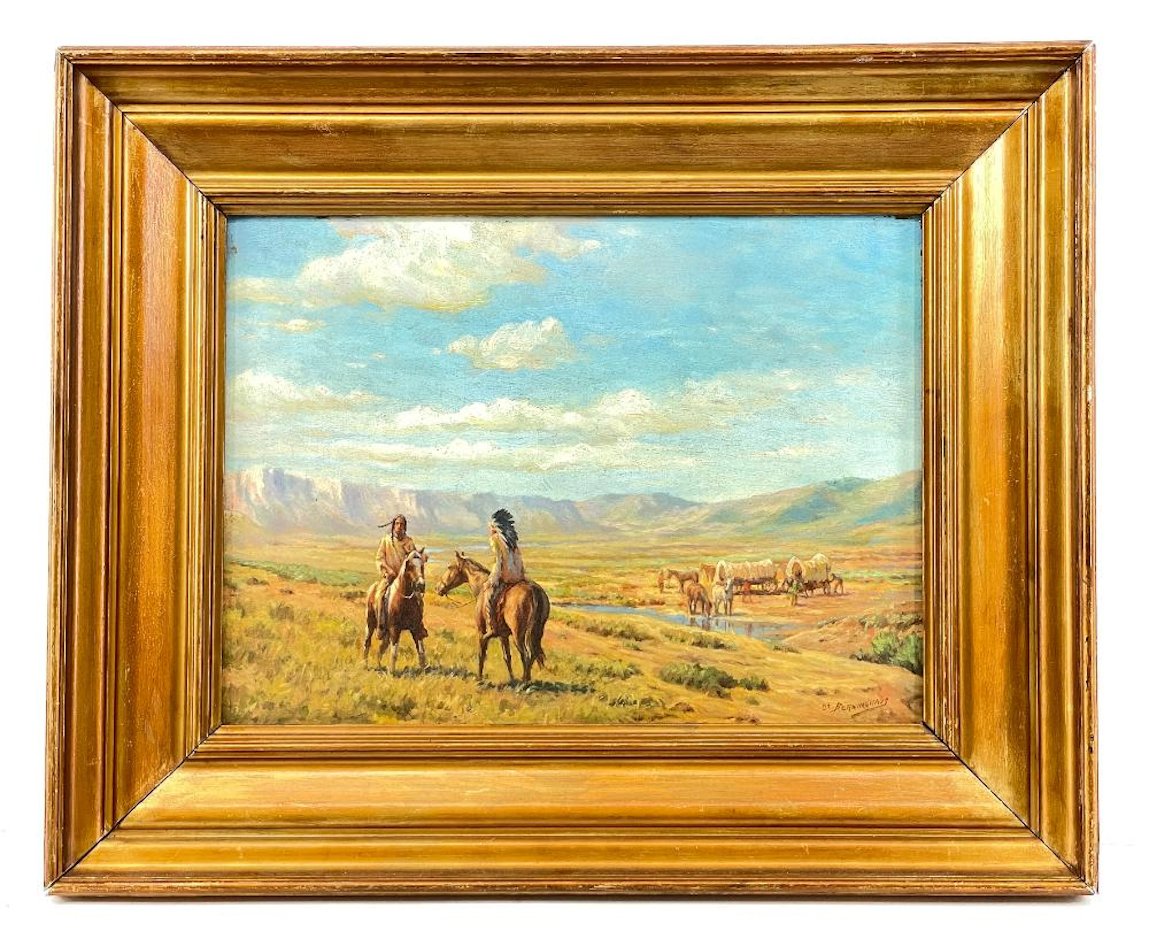 OSCAR BERNINGHAUS "MEETING ON THE PLAINS" OIL ON B