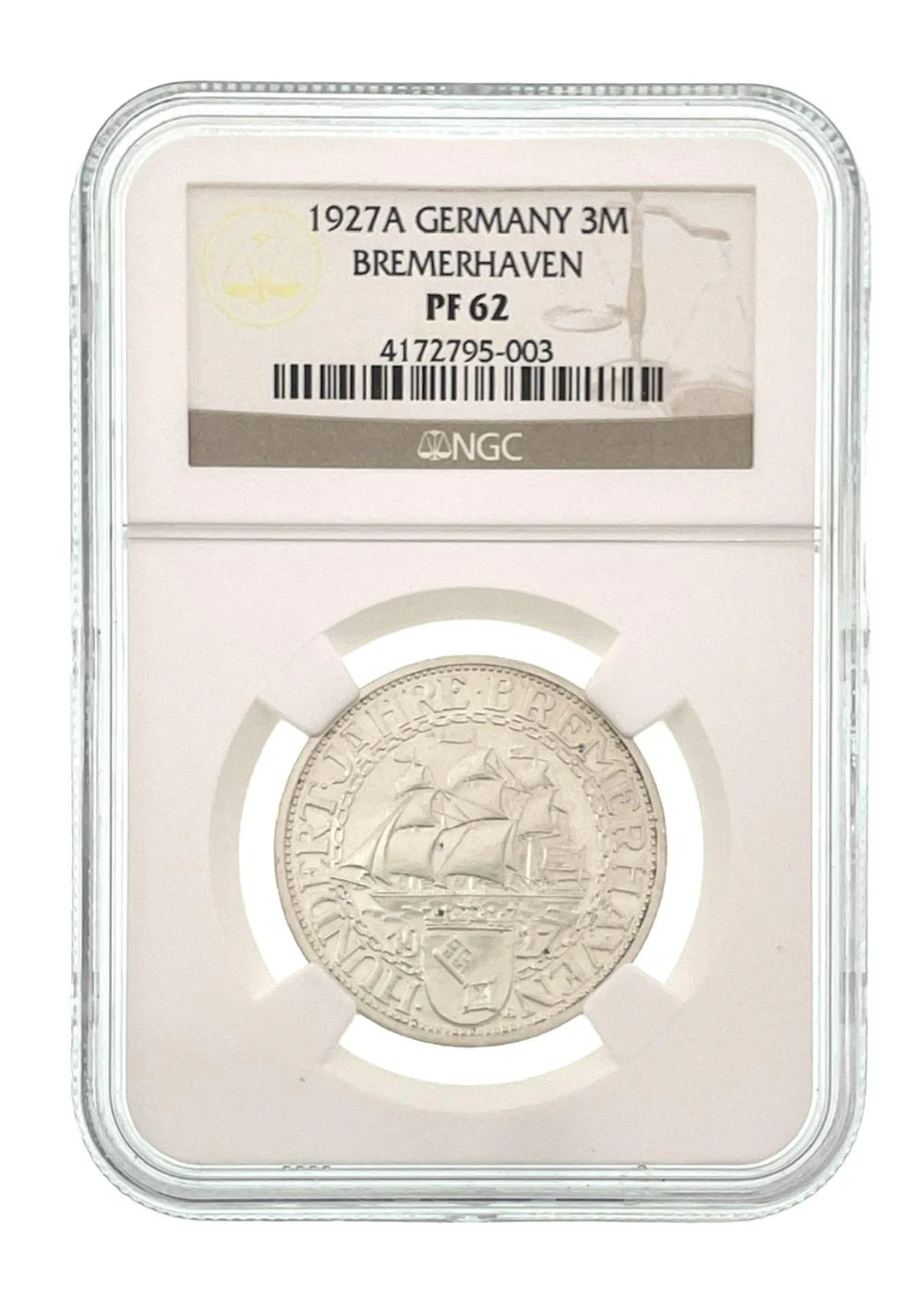 1927-A GERMANY WEIMAR REPUBLIC SILVER 3 REICHSMARK BREMERHAVEN NGC PF62