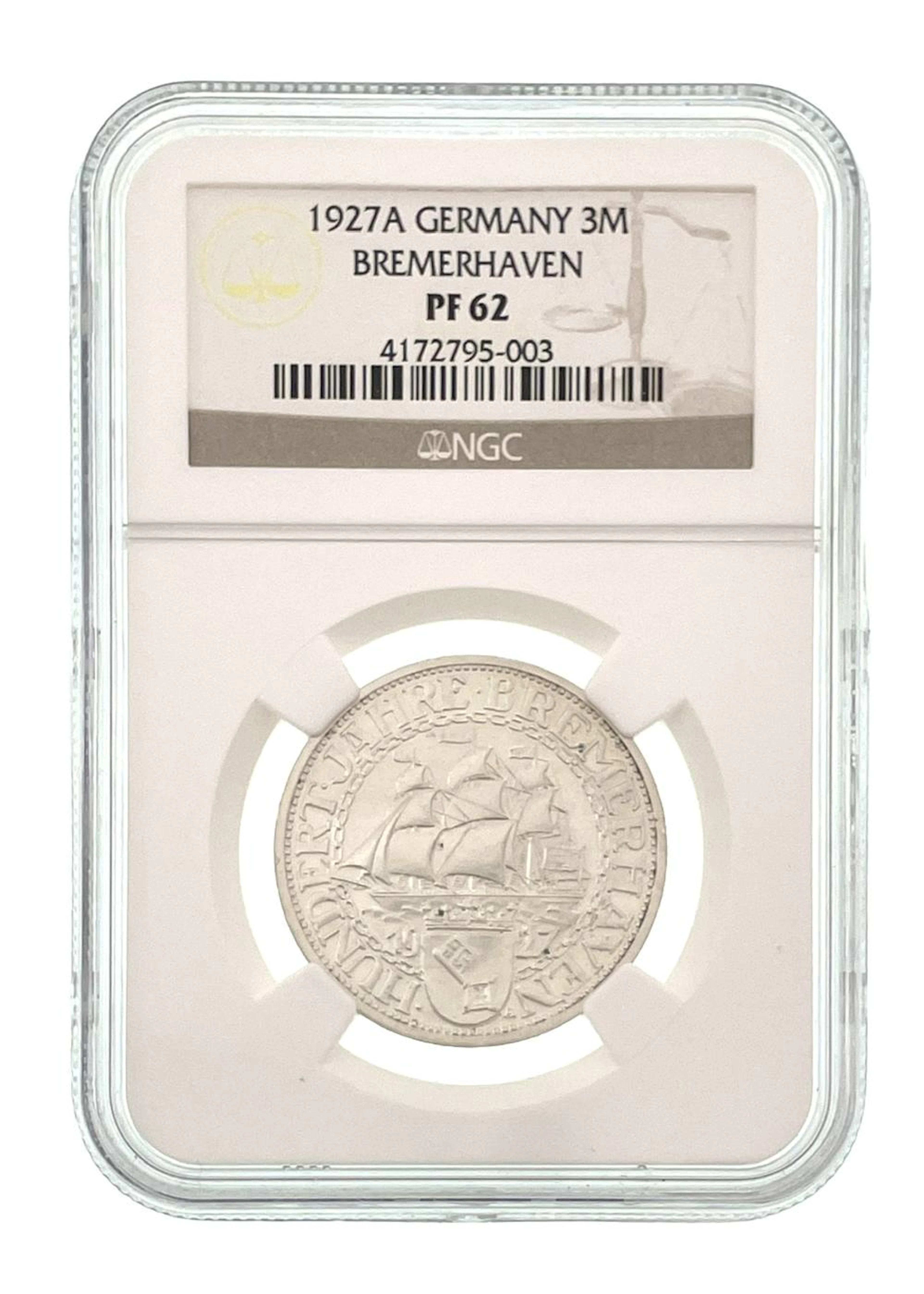 1927-A GERMANY WEIMAR REPUBLIC SILVER 3 REICHSMARK BREMERHAVEN NGC PF62