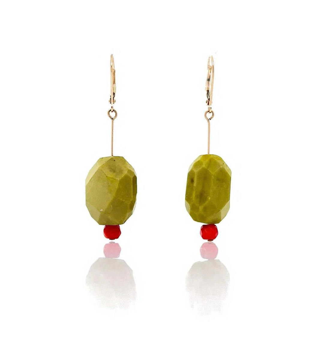 14K YELLOW GOLD JADE OLIVE DROP DANGLE EARRINGS