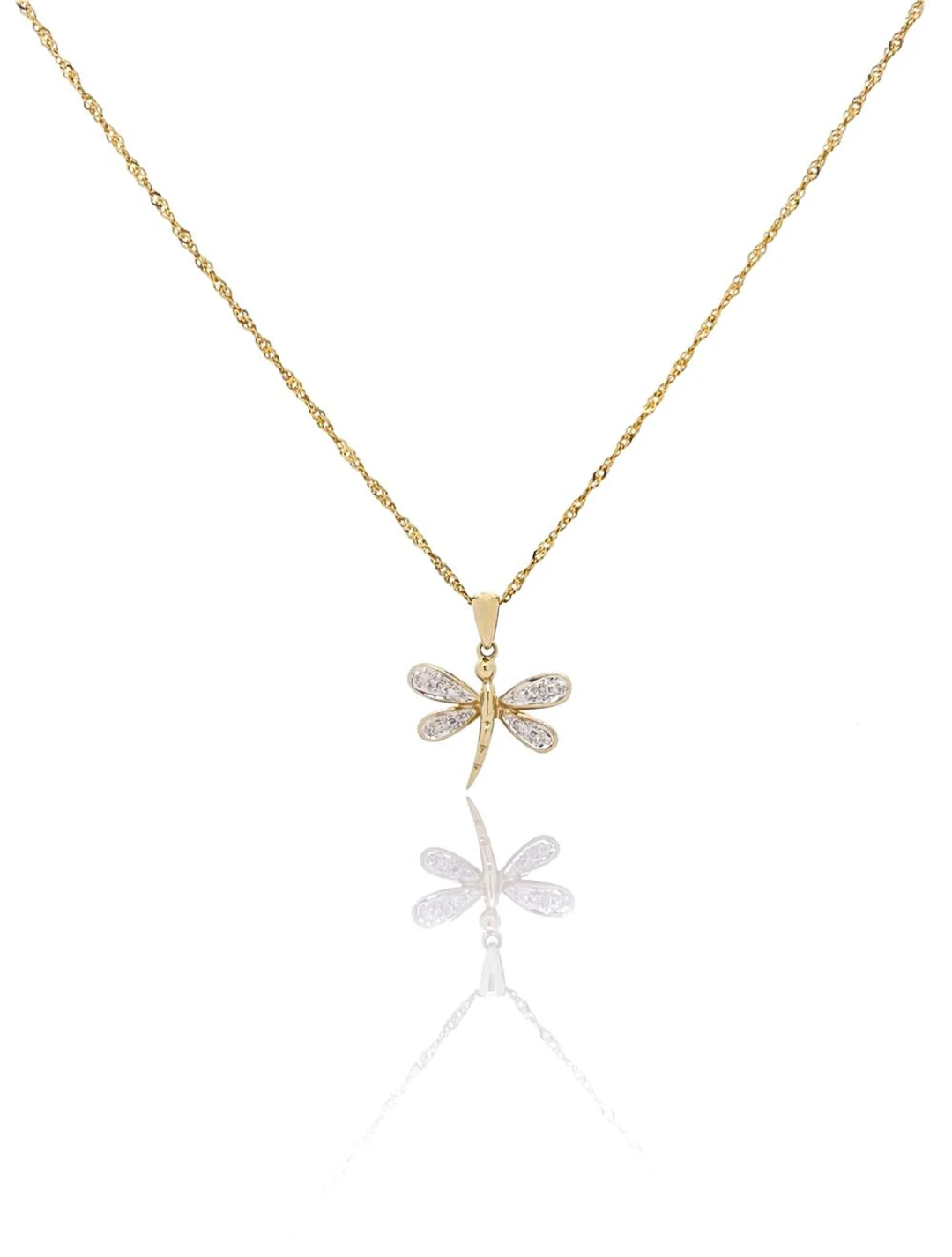 10K YELLOW GOLD DIAMOND DRAGONFLY PENDANT NECKLACE