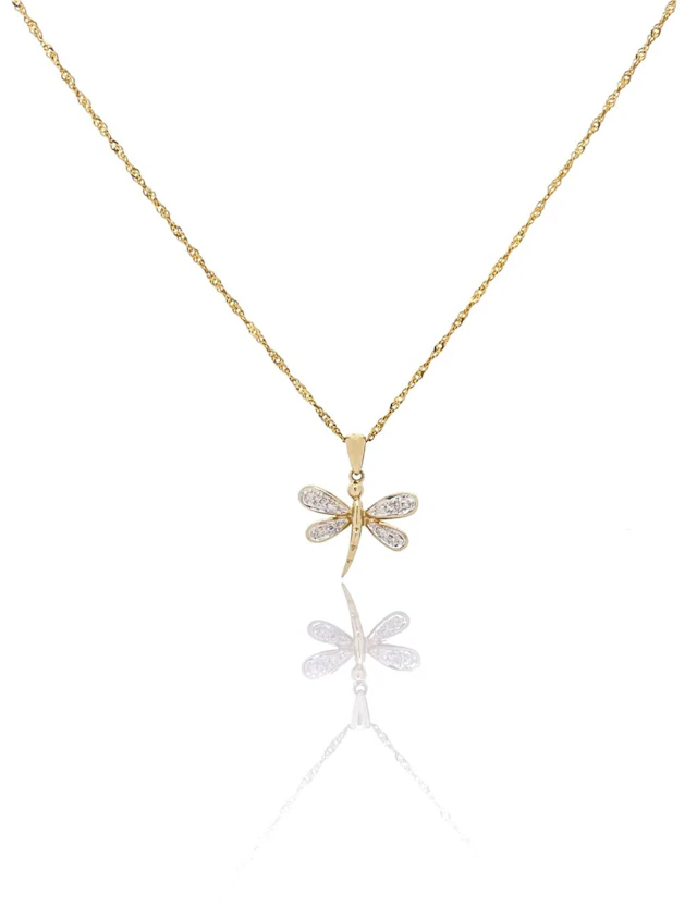 10K YELLOW GOLD DIAMOND DRAGONFLY PENDANT NECKLACE