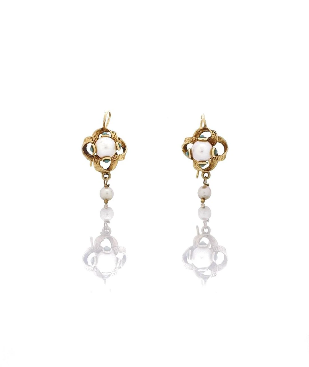 14 YELLOW GOLD PEARL TURQUOISE EARRINGS