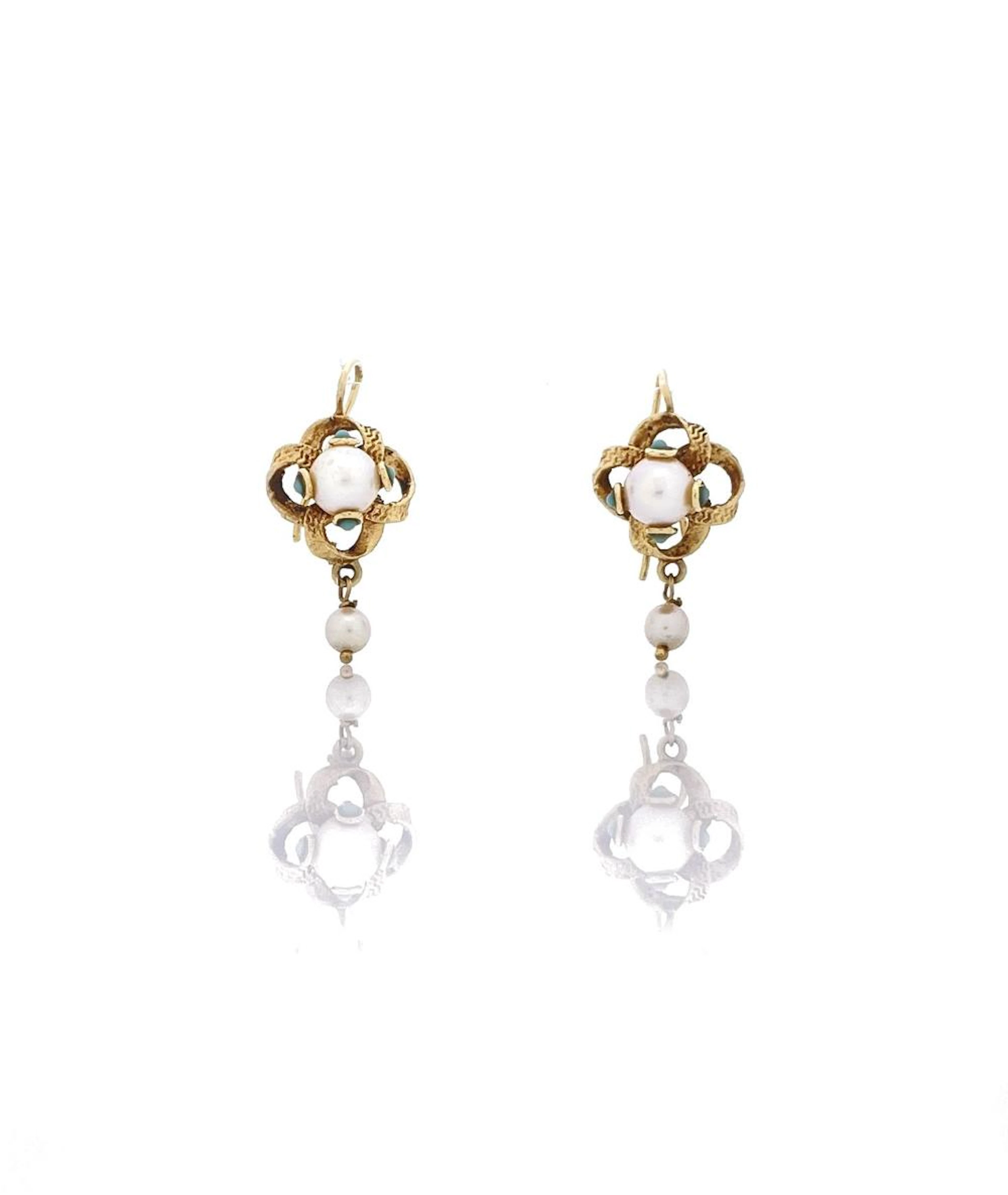 14 YELLOW GOLD PEARL TURQUOISE EARRINGS
